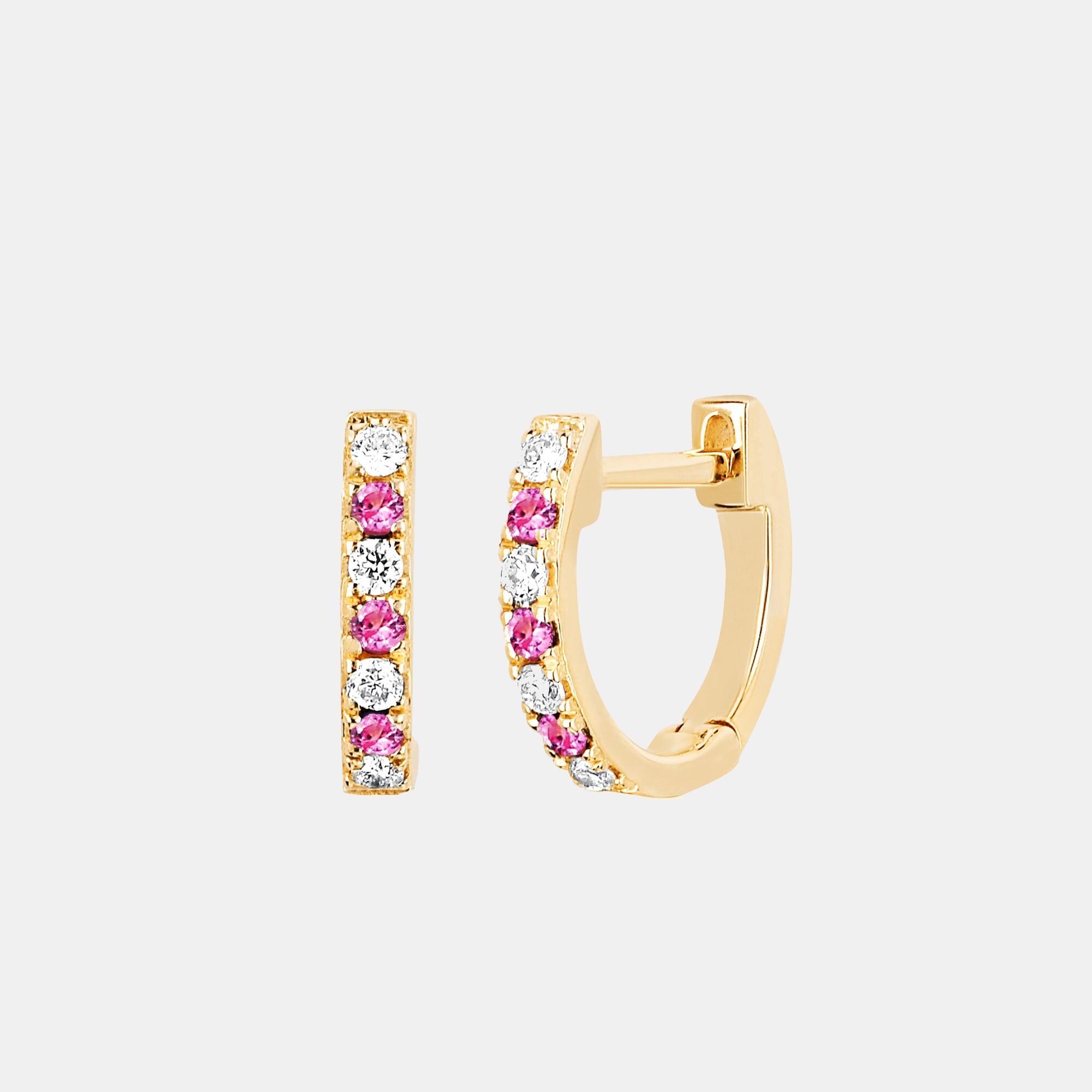 EF Collection Mini Diamond and Pink Sapphire Dot Huggie Earrings
