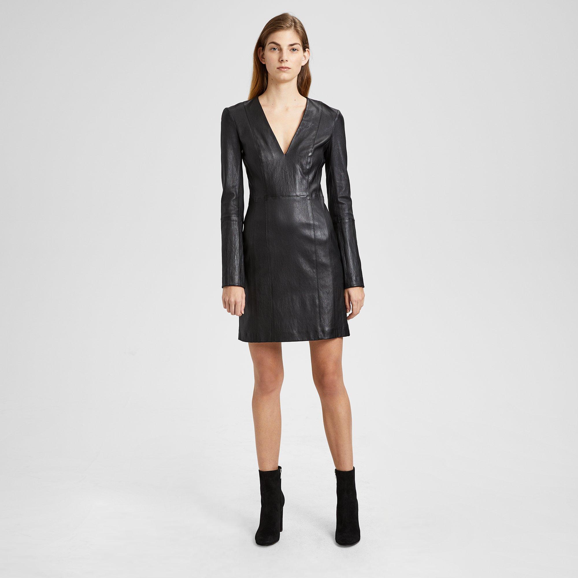 Leather V Neck Mini Dress