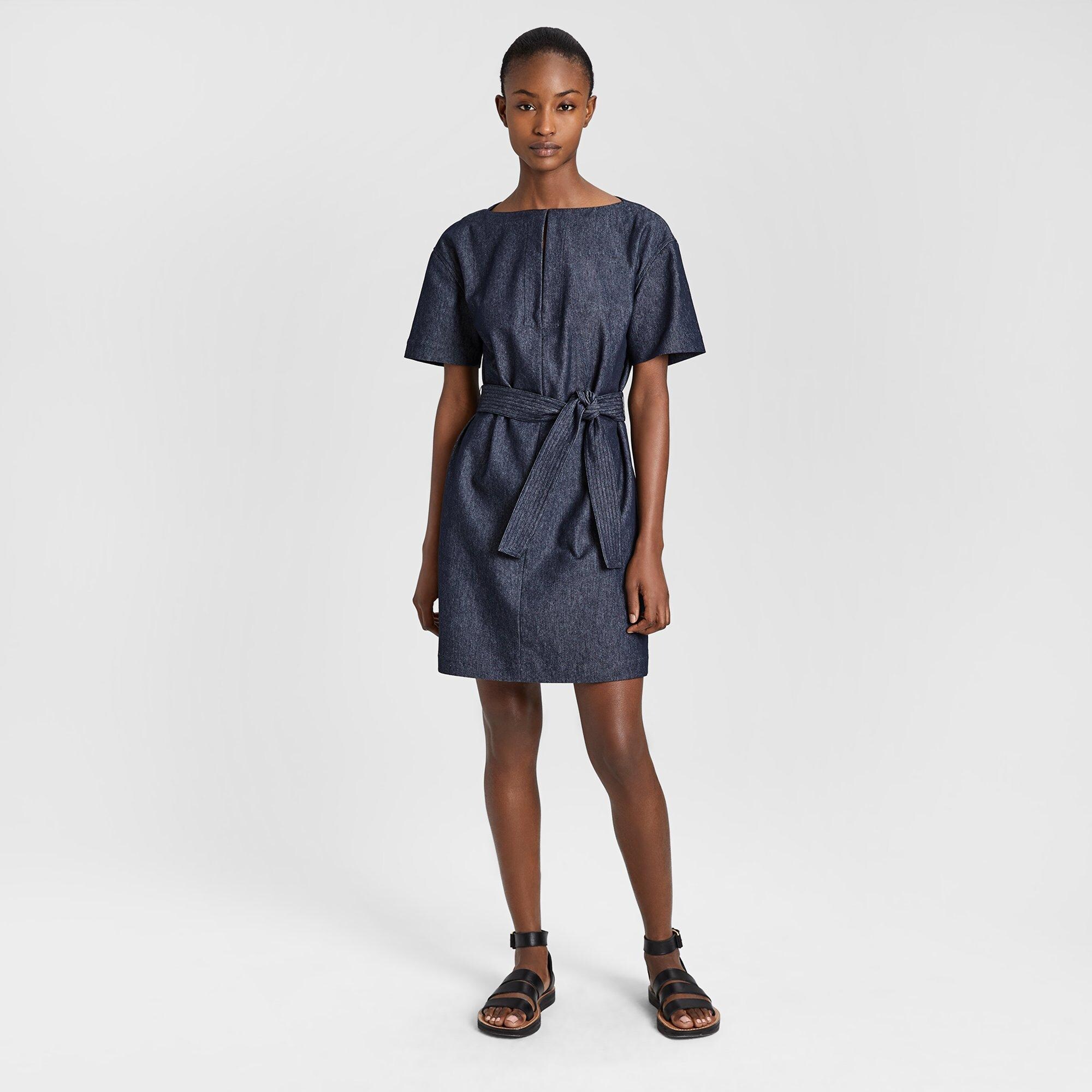 Stretch Denim Belted Shift Dress