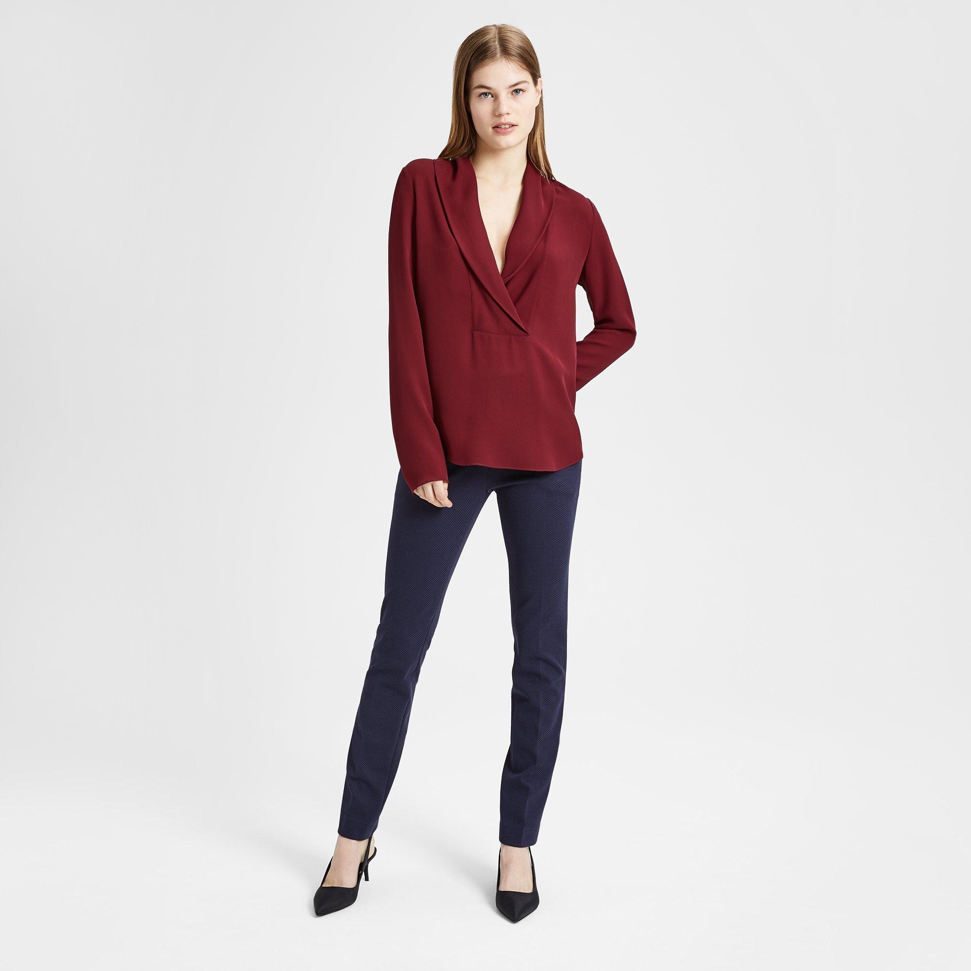 Silk Shawl Collar Long-Sleeve Top