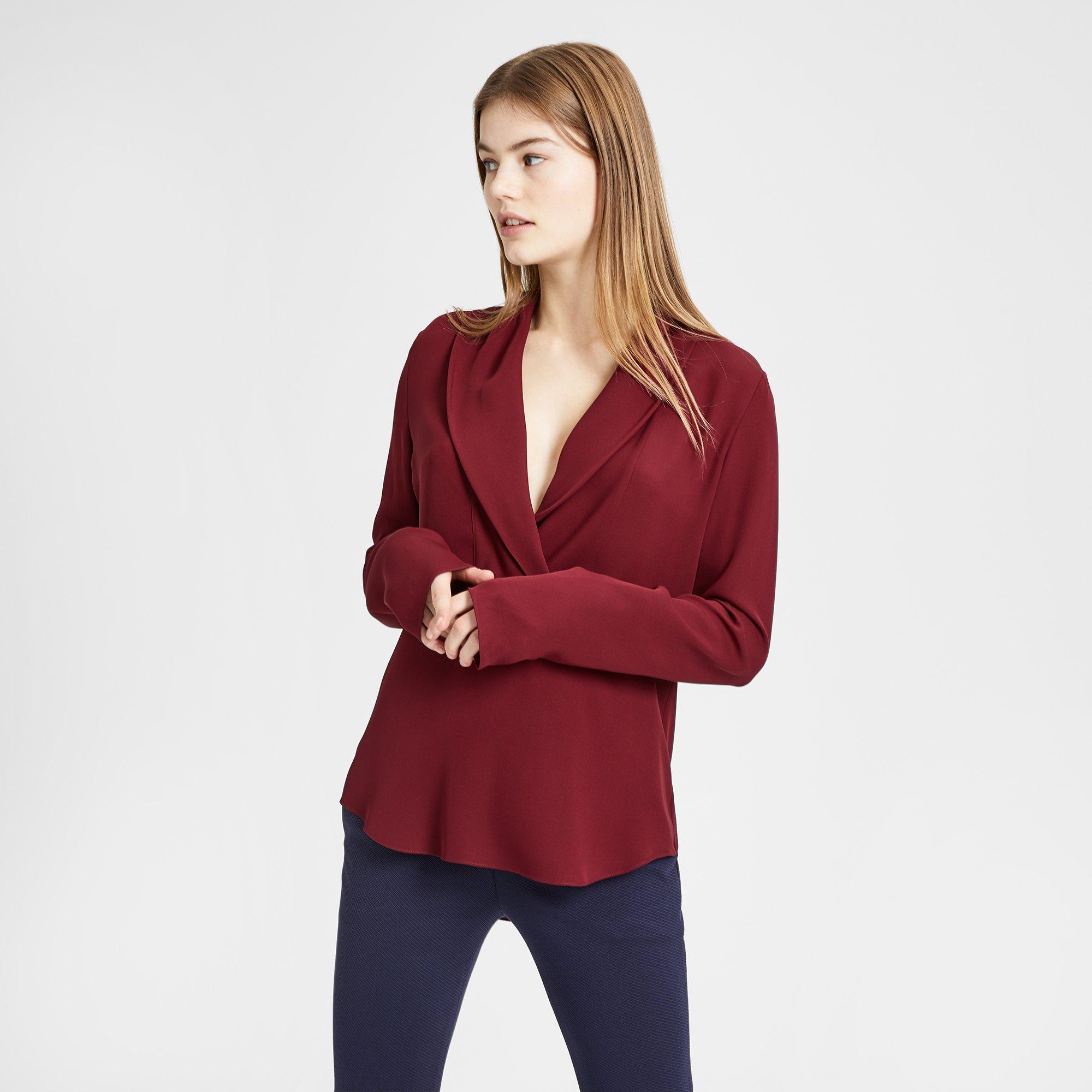 Silk Shawl Collar Long-Sleeve Top