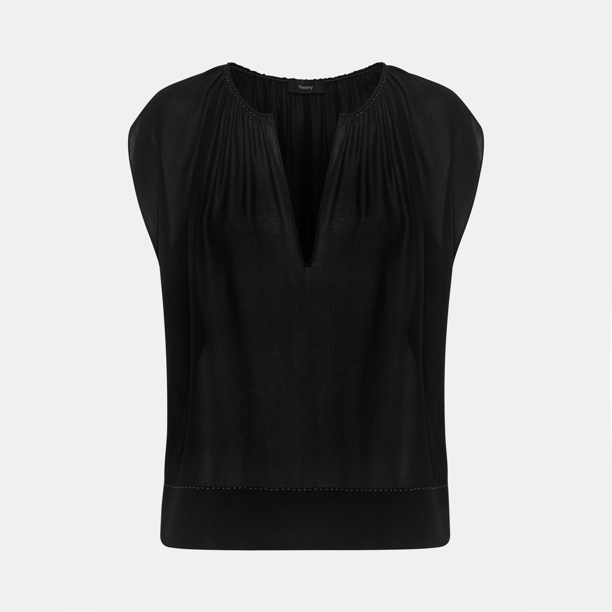 Silk Gathered Slit Neck Short-Sleeve Top