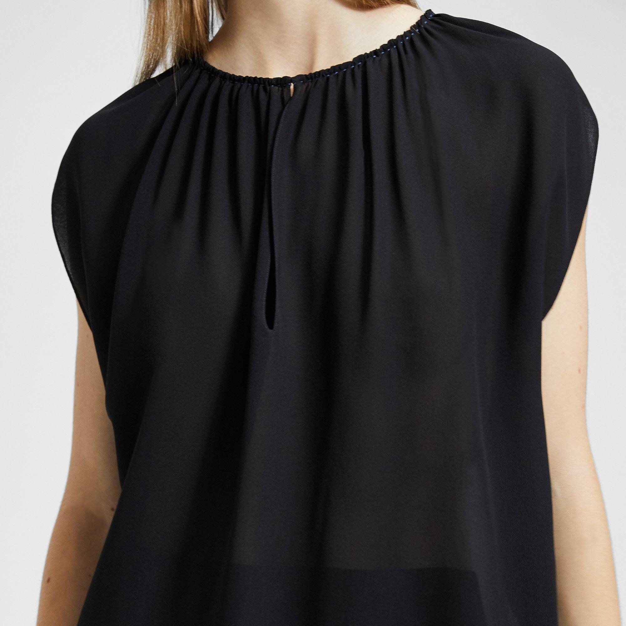 Silk Gathered Slit Neck Short-Sleeve Top