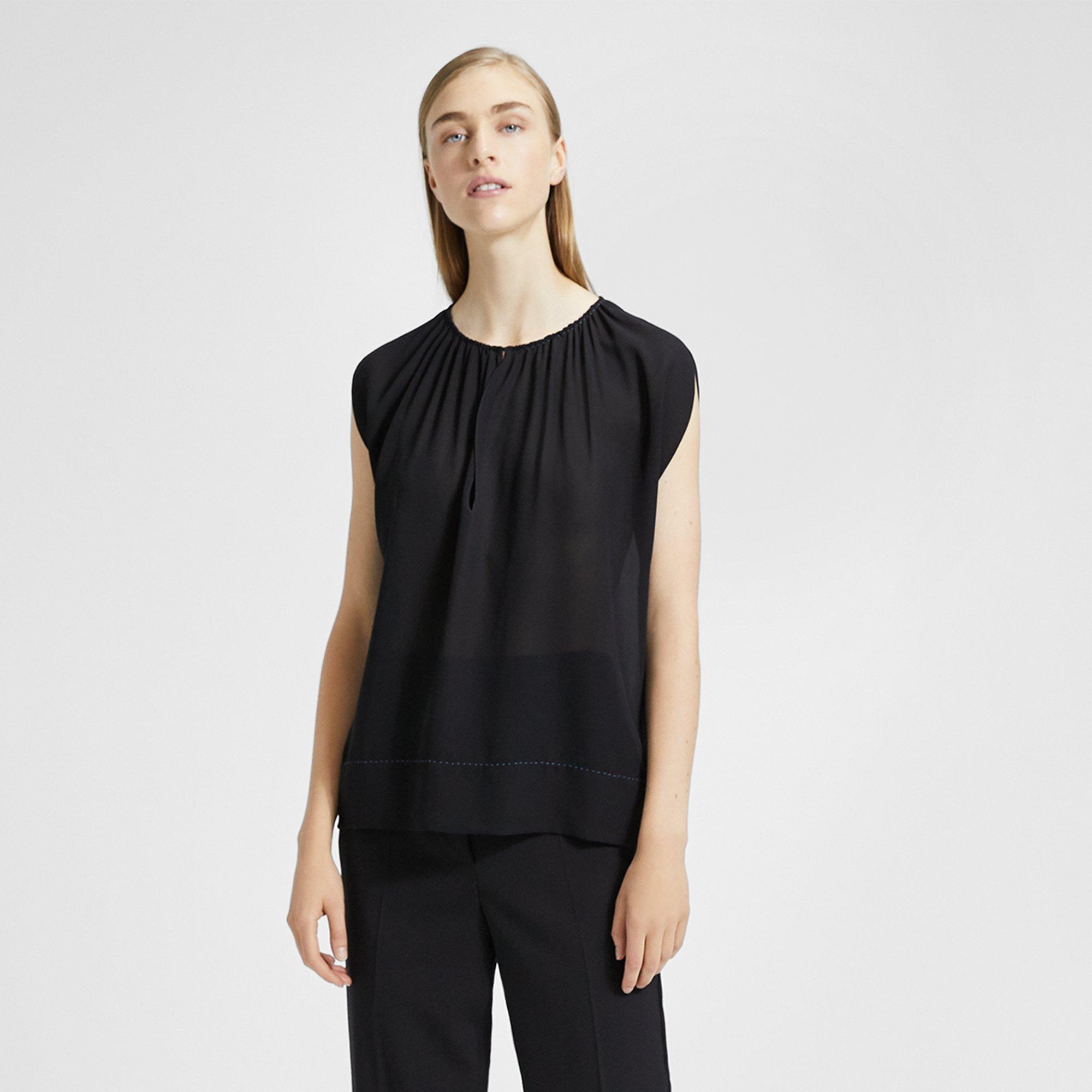Silk Gathered Slit Neck Short-Sleeve Top