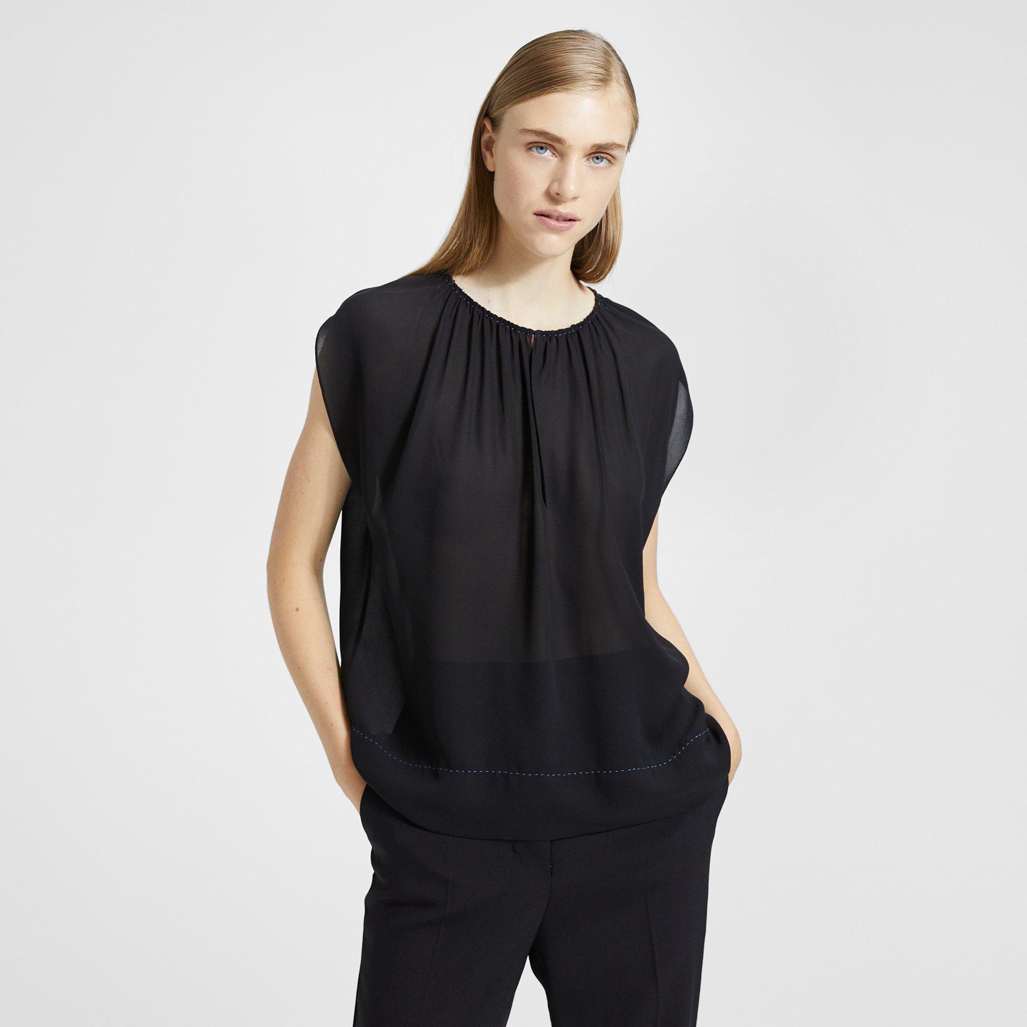 Silk Gathered Slit Neck Short-Sleeve Top