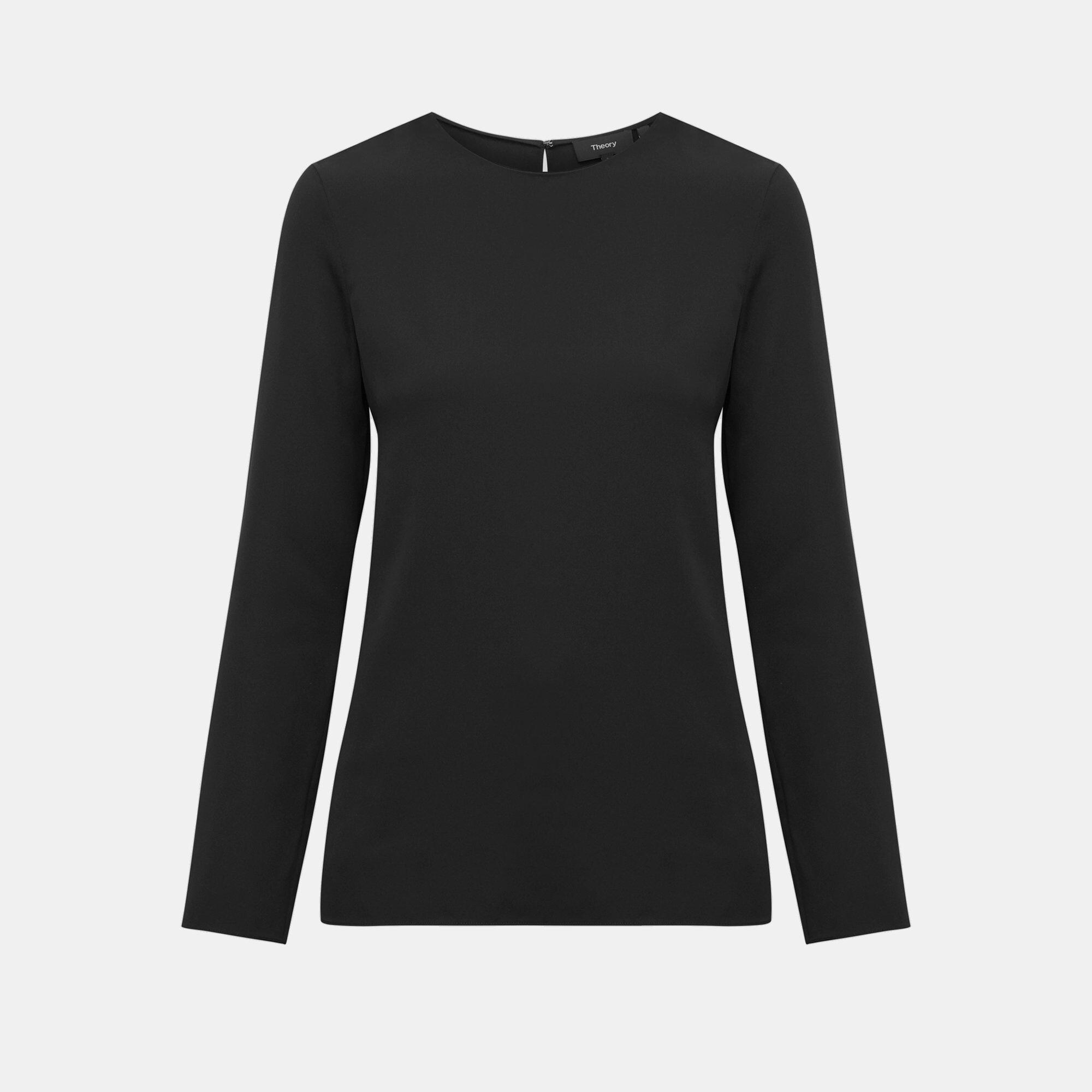 Stretch Silk Long-Sleeve Crewneck Top
