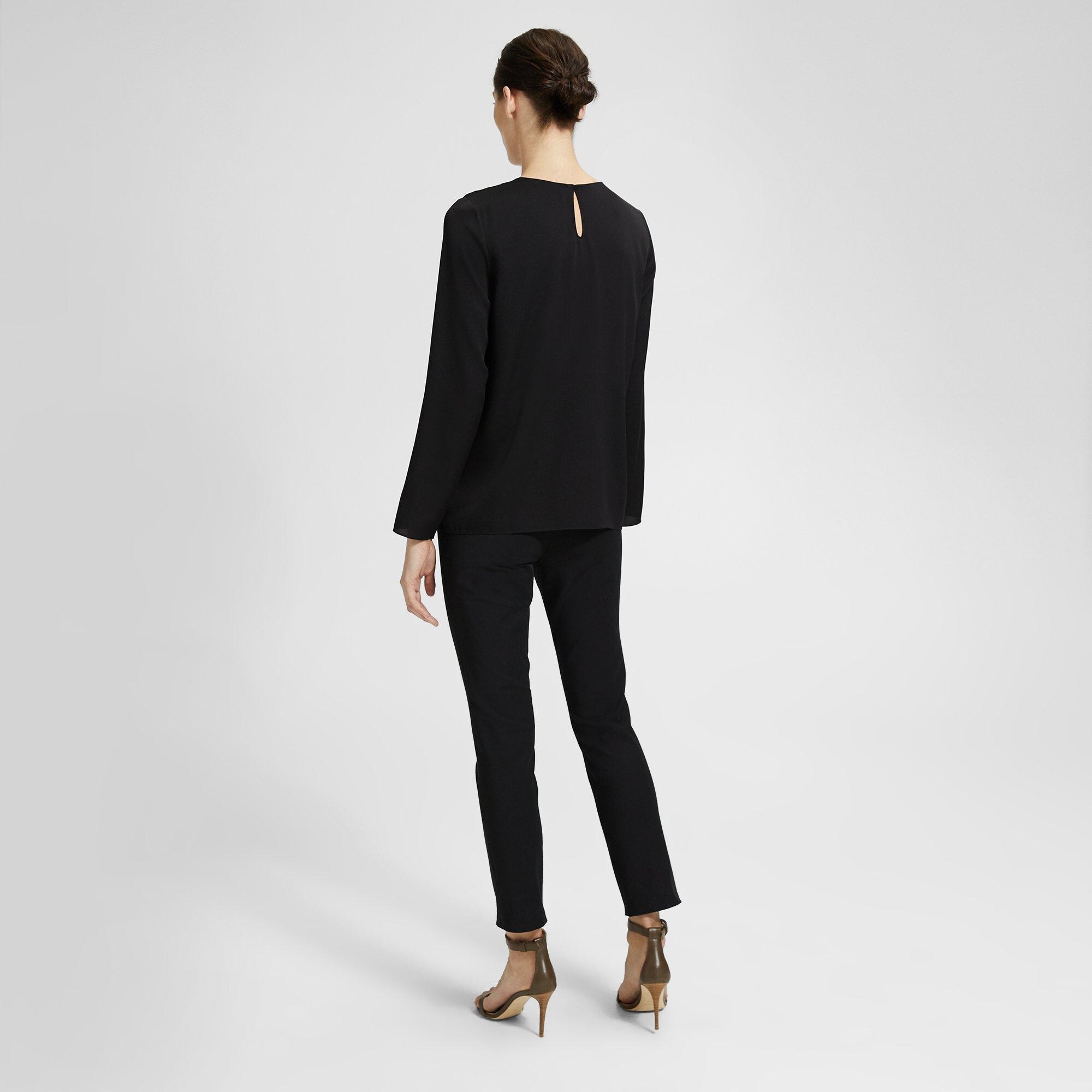 Stretch Silk Long-Sleeve Crewneck Top
