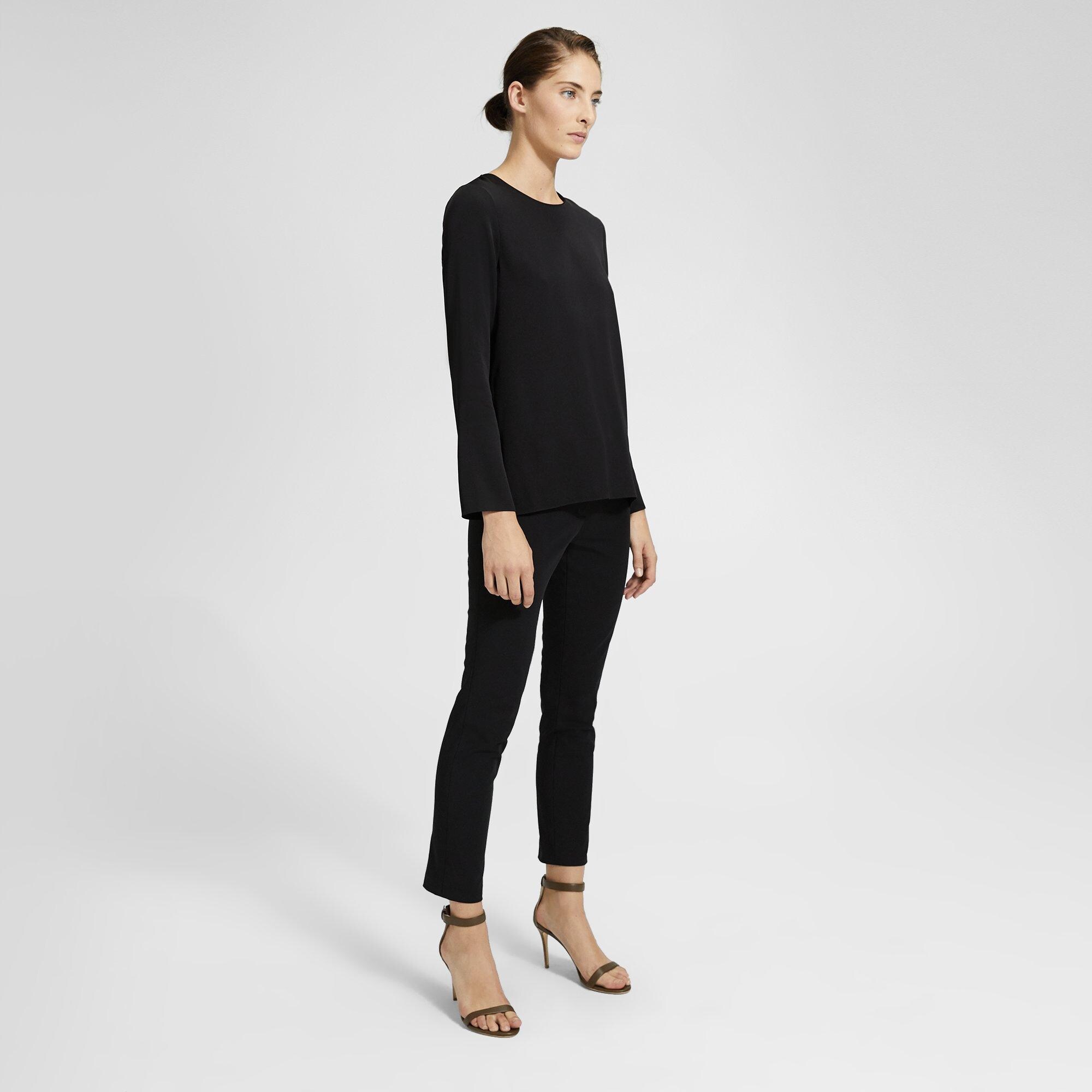Stretch Silk Long-Sleeve Crewneck Top
