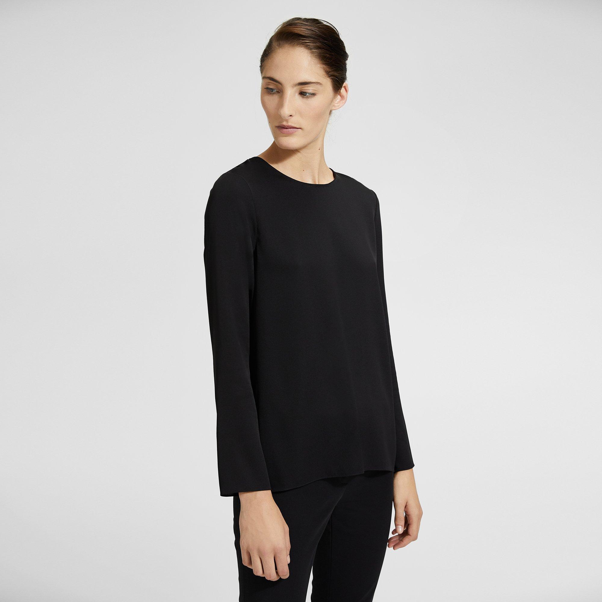 Stretch Silk Long-Sleeve Crewneck Top