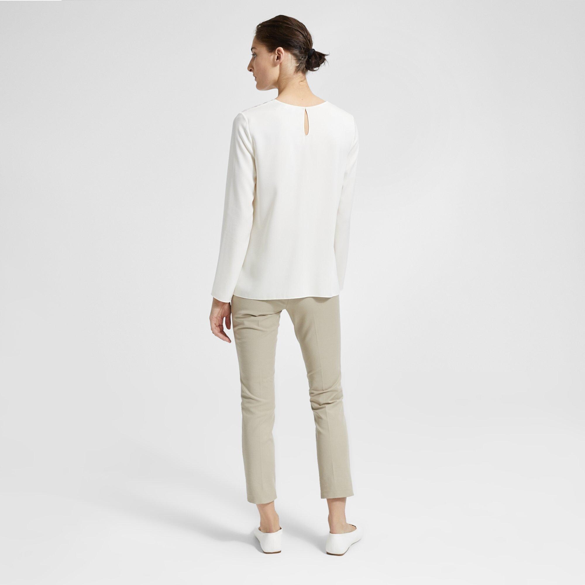 Stretch Silk Long-Sleeve Crewneck Top
