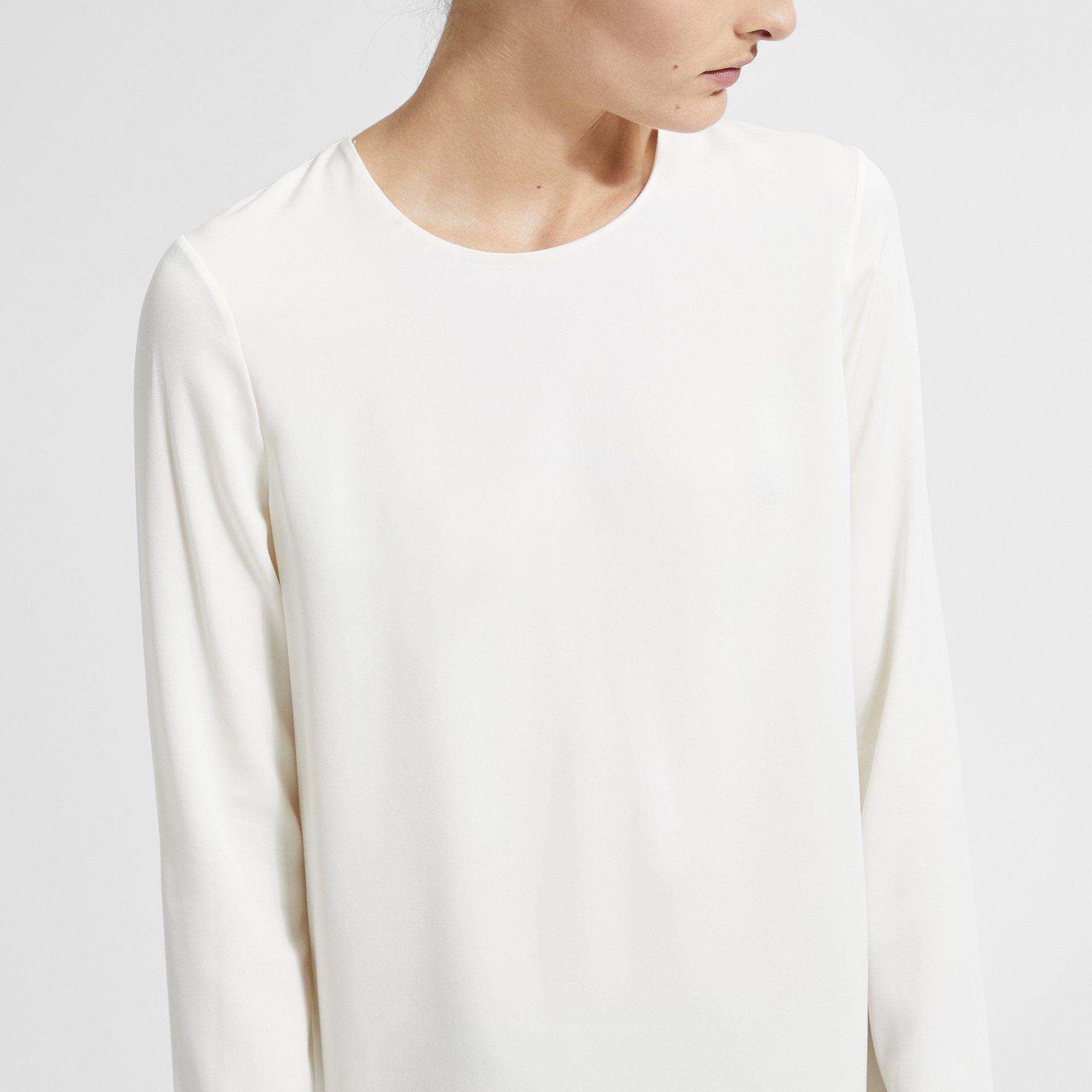 Stretch Silk Long-Sleeve Crewneck Top