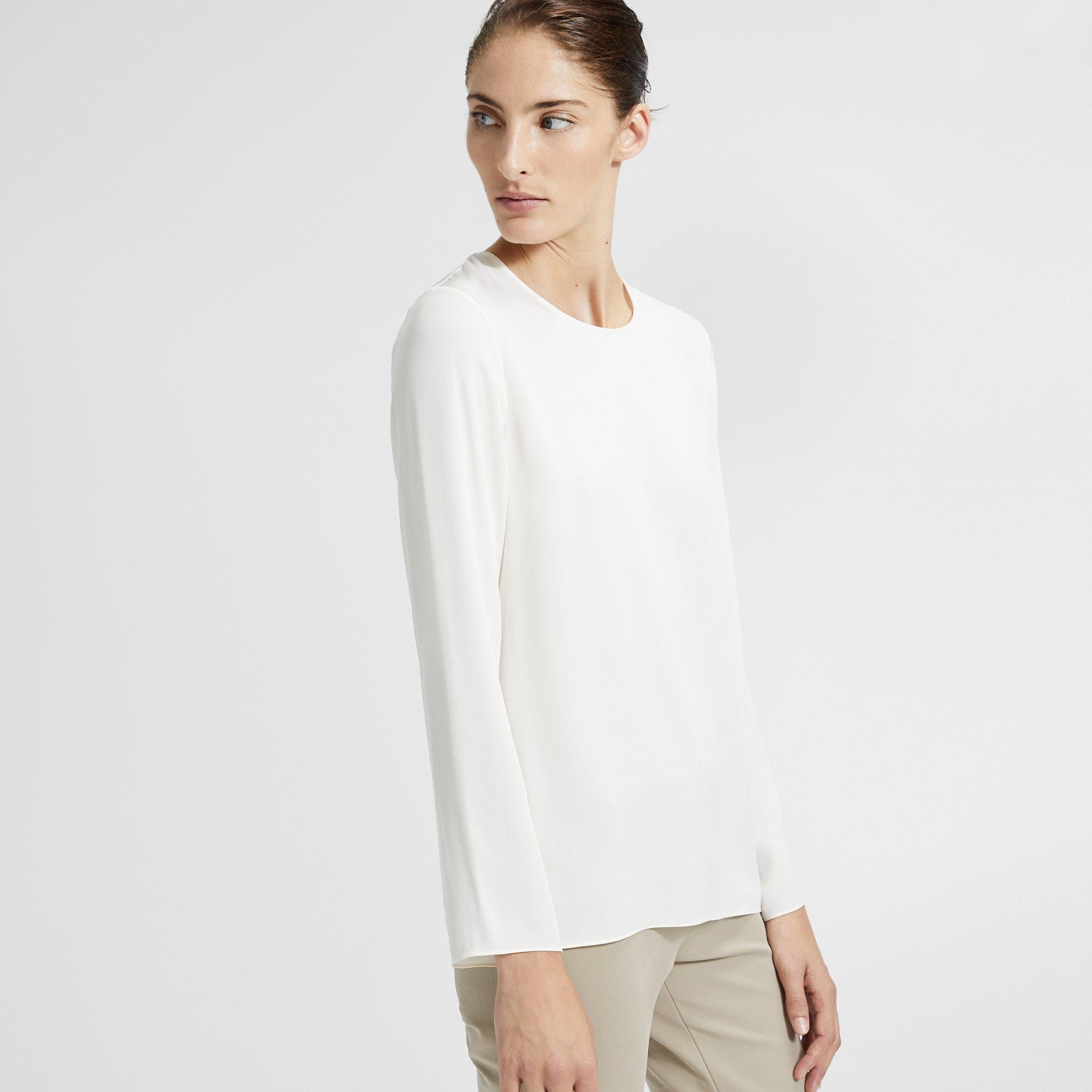 Stretch Silk Long-Sleeve Crewneck Top