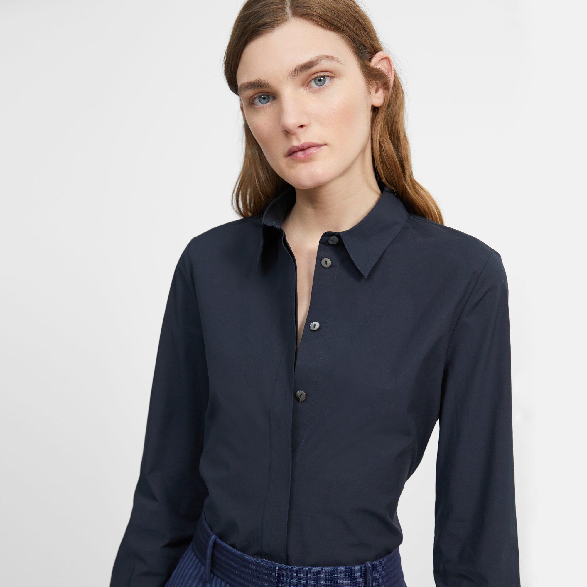 Women's Navy Fitted Cotton Stretch Shirt With Concealed Placket