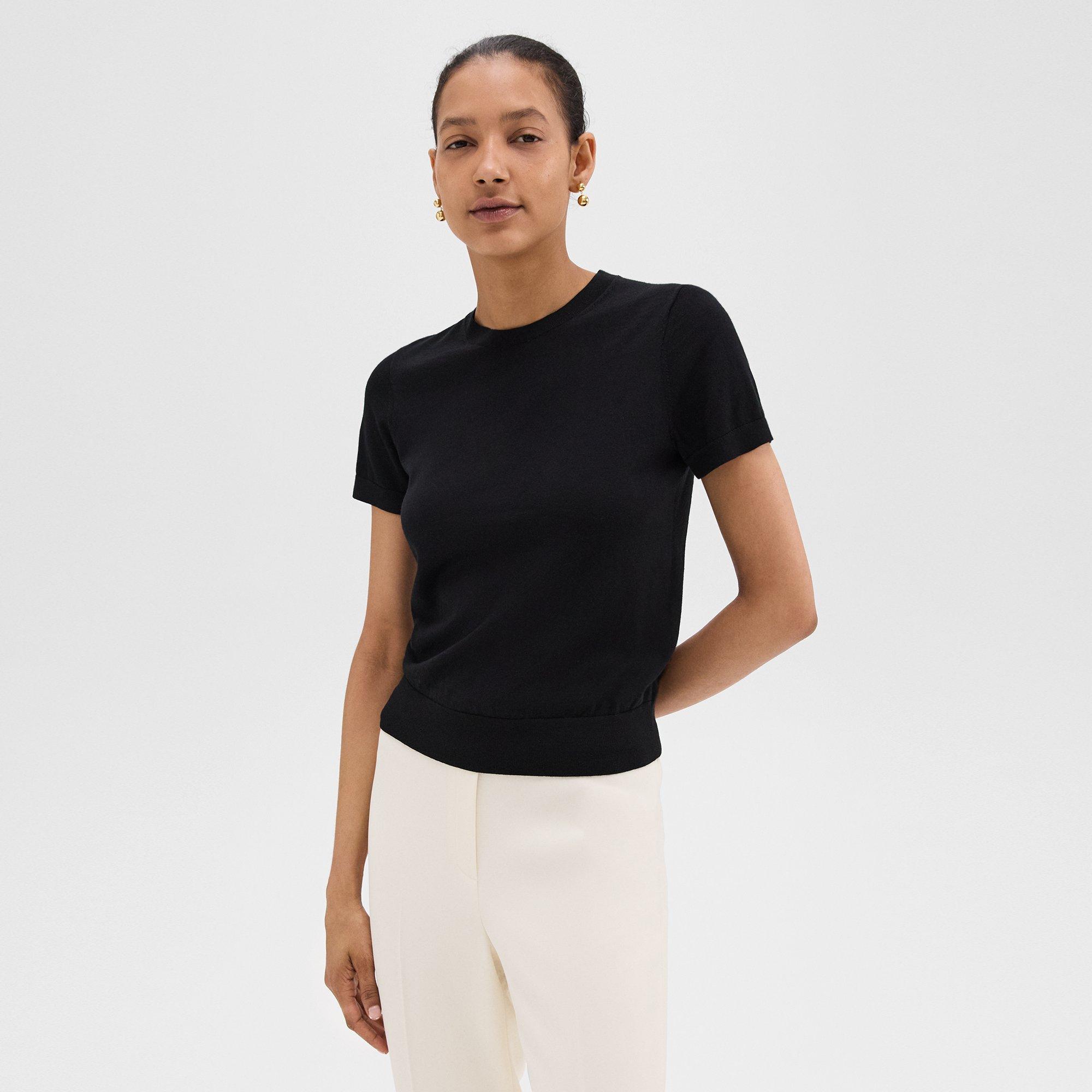 Black Regal Wool Short-Sleeve Sweater | Theory