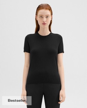 띠어리 Theory Short-Sleeve Sweater in Regal Wool,BLACK