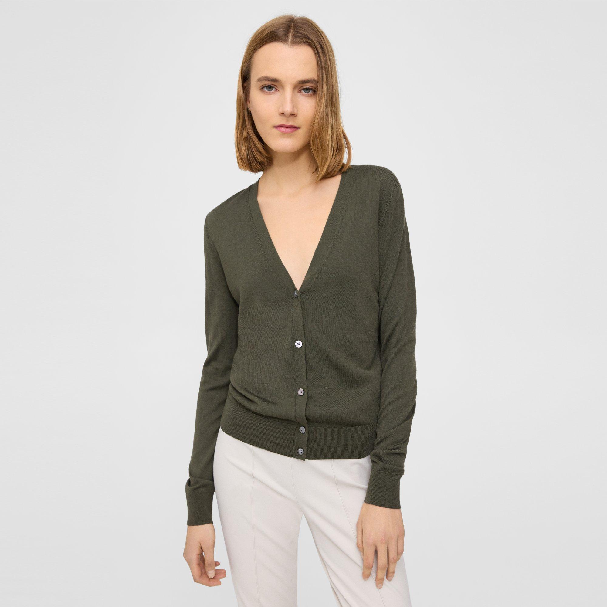 Green Regal Wool V-Neck Cardigan | Theory