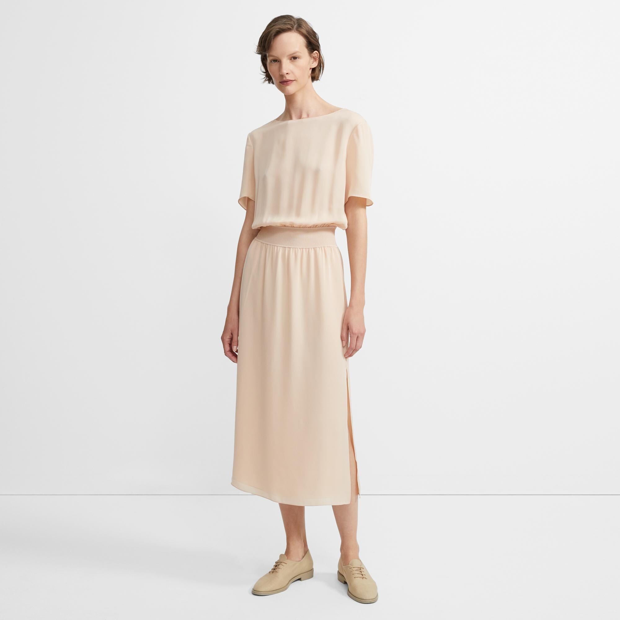 Ribbed Waist Dress in Silk Combo