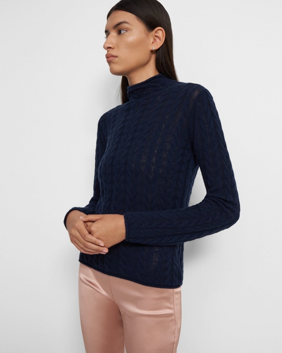 Cable-Knit Mock Neck Sweater in Cashmere