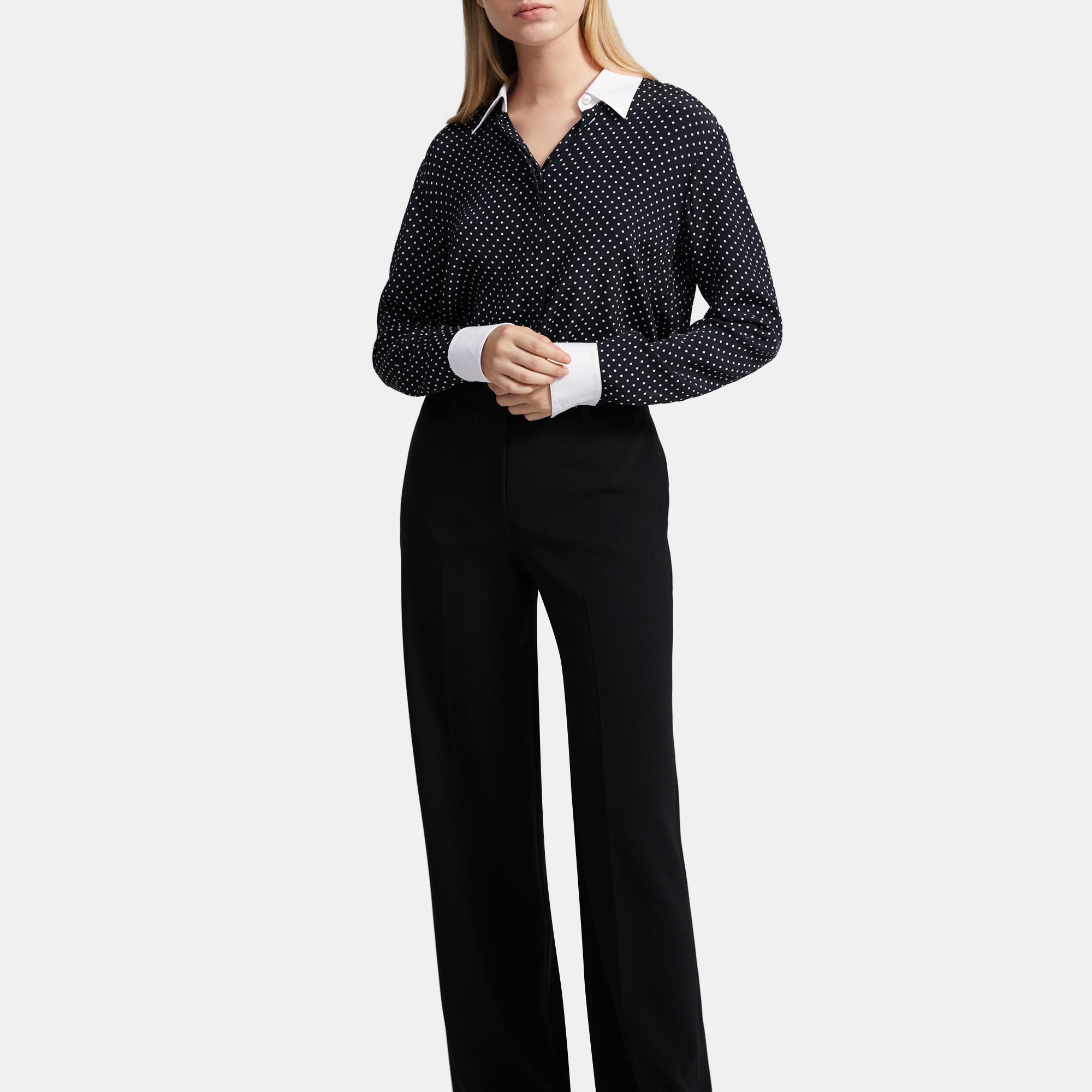 Contrast Straight Shirt in Polka Dot Crepe