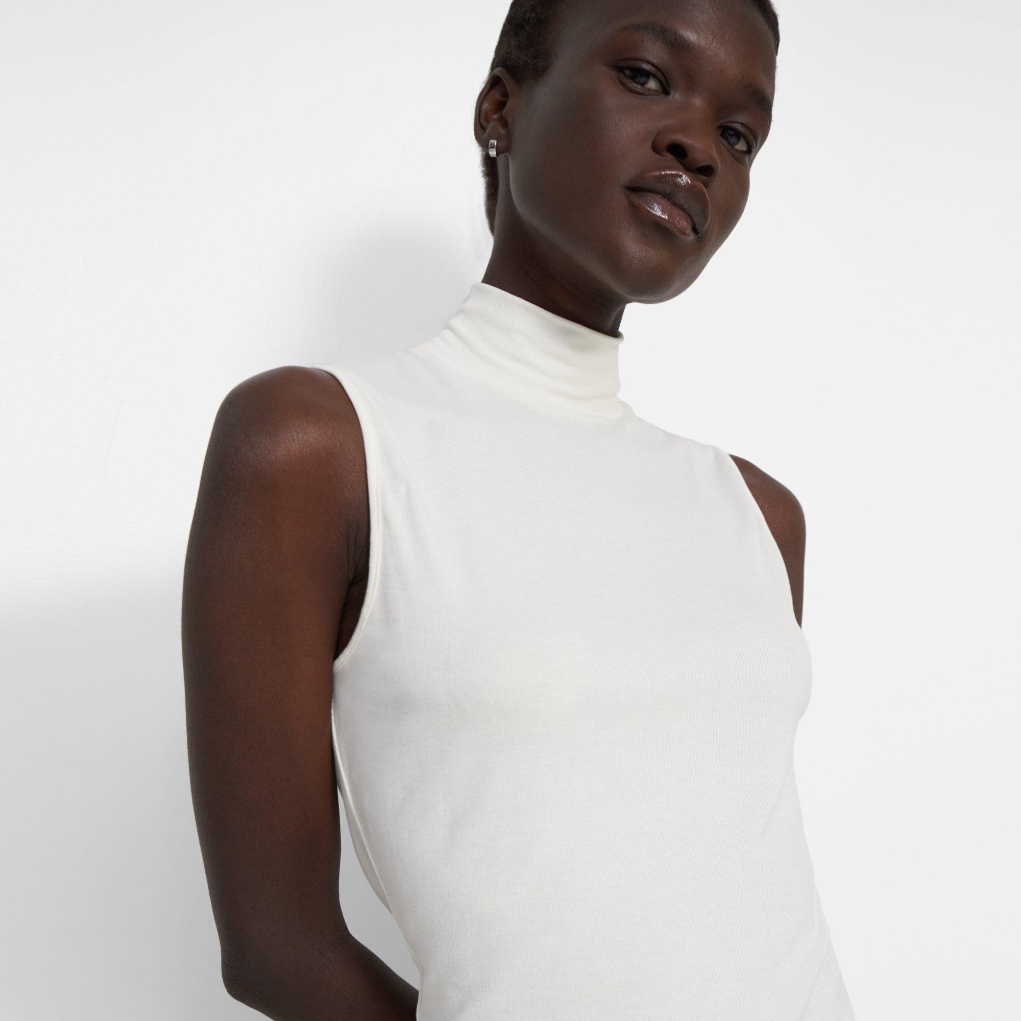 White Ribbed Viscose Sleeveless Turtleneck Sweater