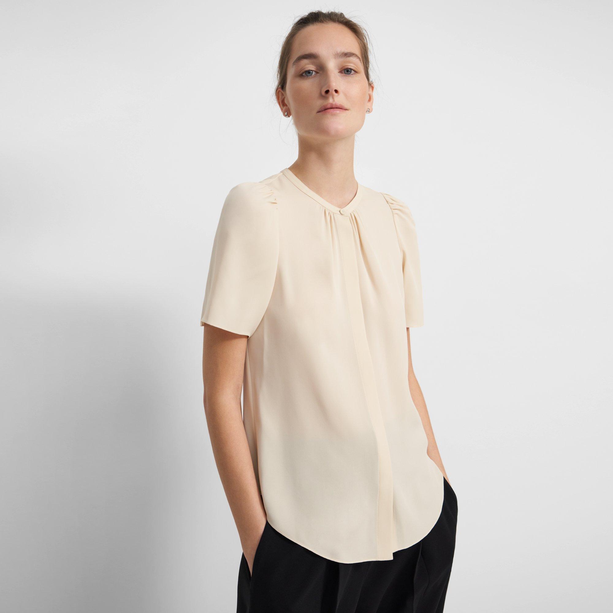 Short-Sleeve Ruched Blouse in Silk Georgette