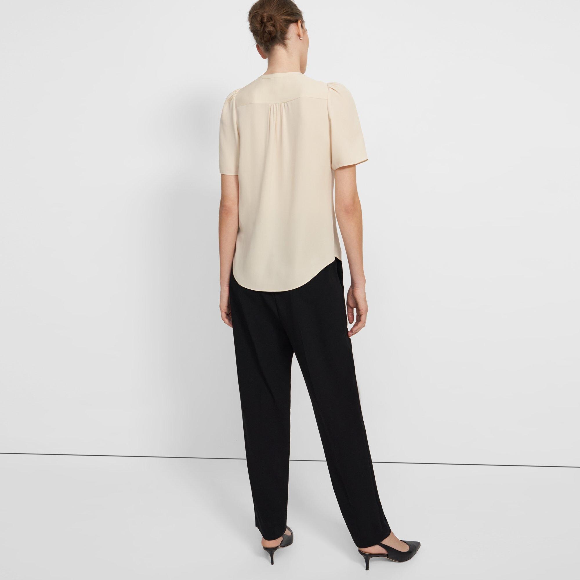 Short-Sleeve Ruched Blouse in Silk Georgette