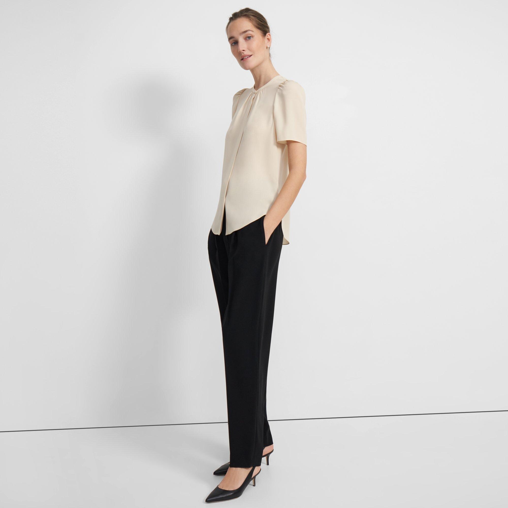 Short-Sleeve Ruched Blouse in Silk Georgette