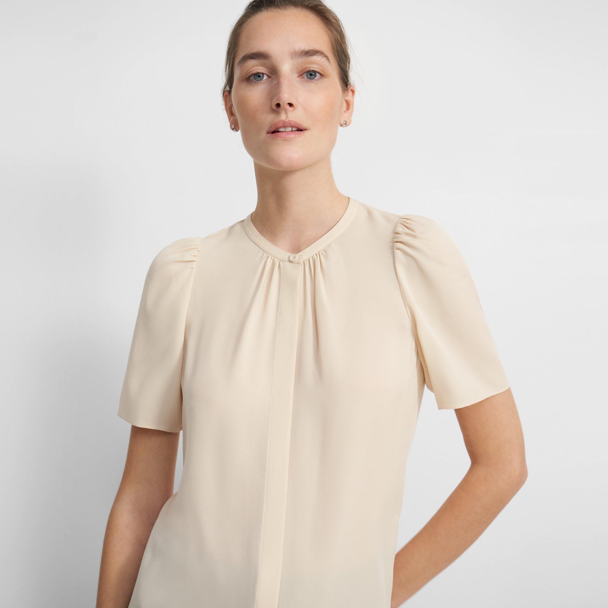 Short-Sleeve Ruched Blouse in Silk Georgette