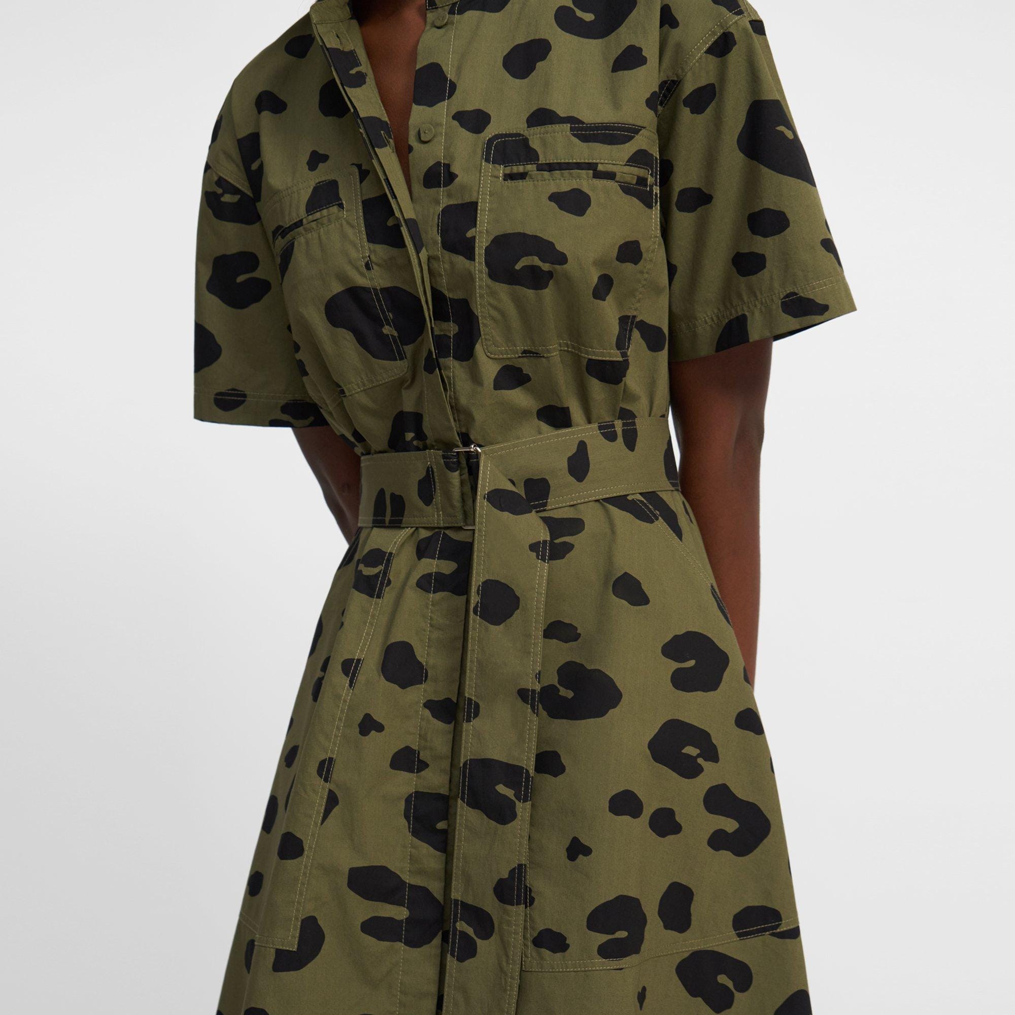 Short-Sleeve Utility Shirtdress in Leopard Poplin