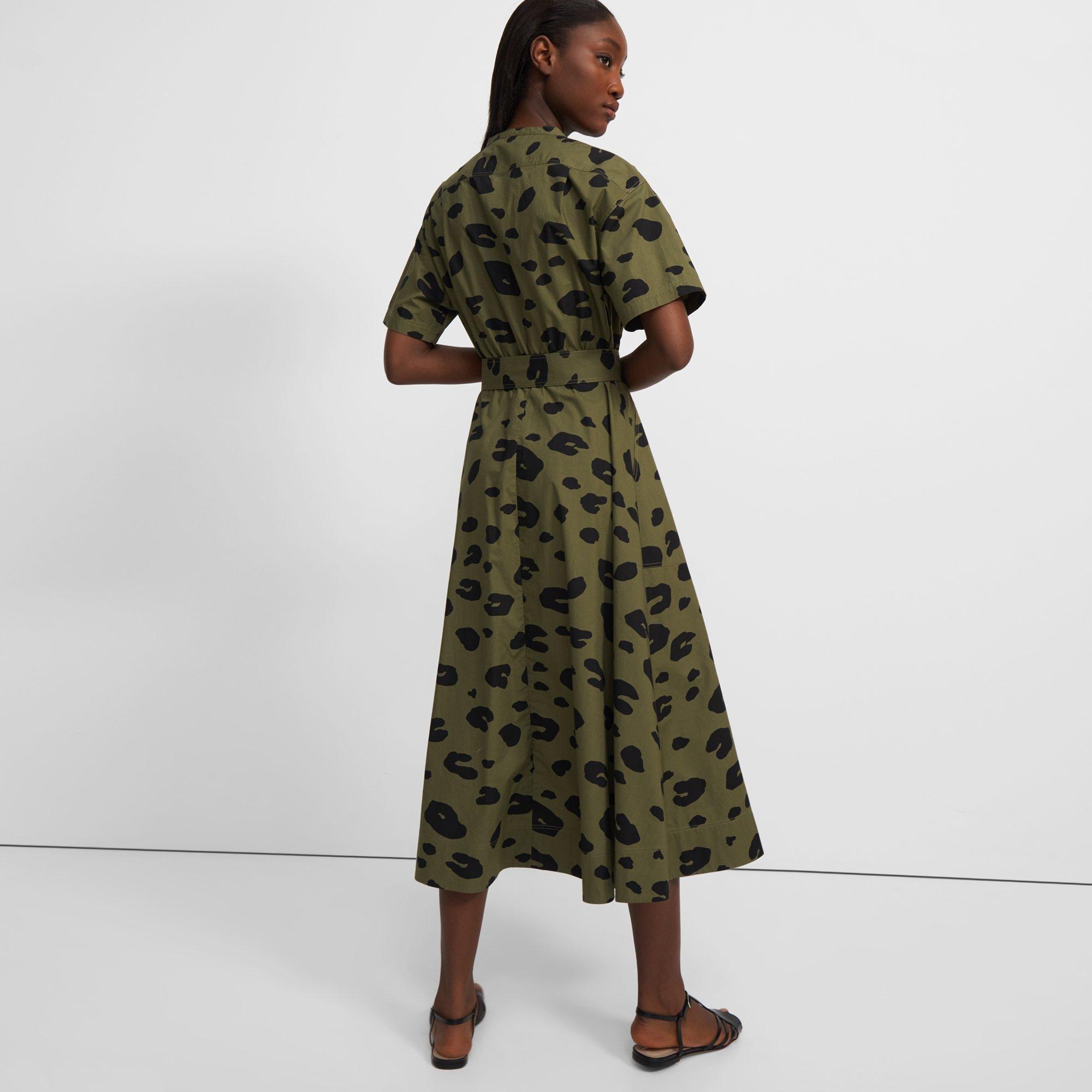 Short-Sleeve Utility Shirtdress in Leopard Poplin