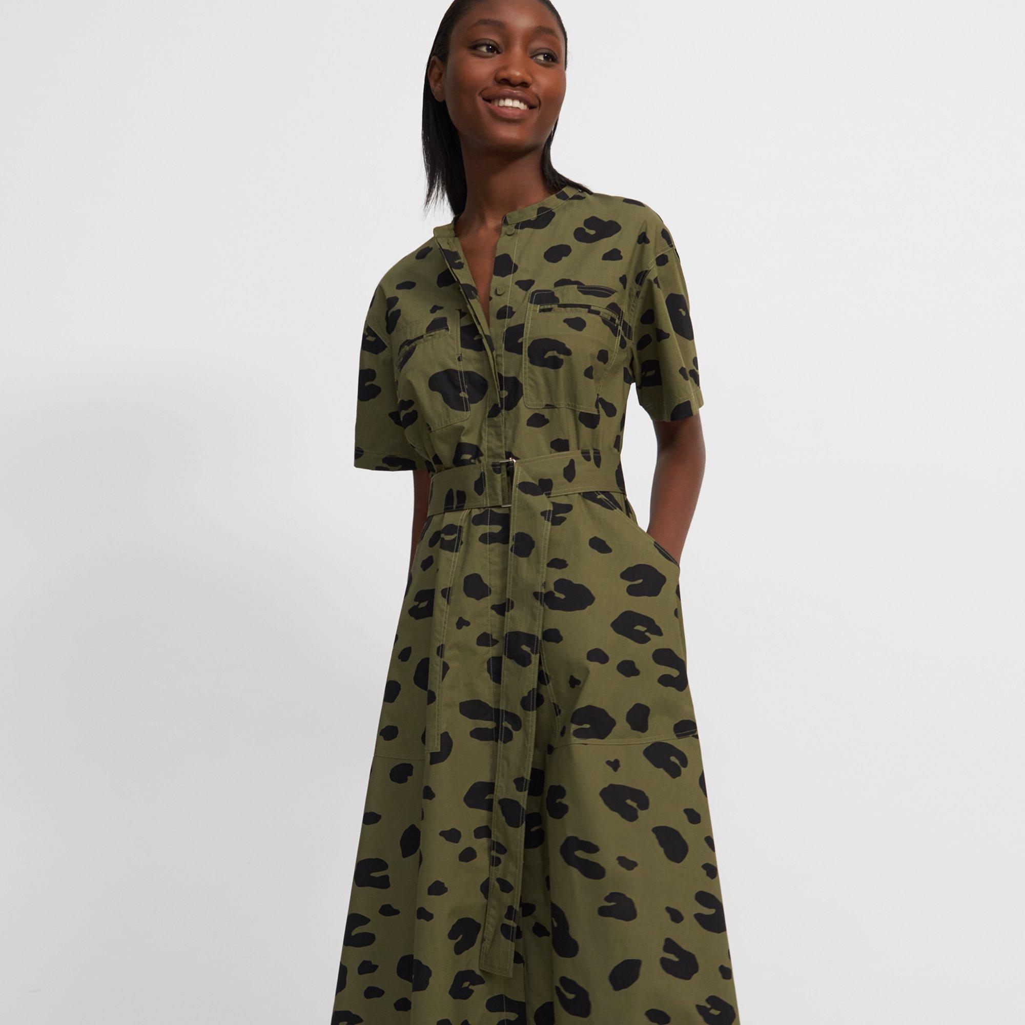 Short-Sleeve Utility Shirtdress in Leopard Poplin