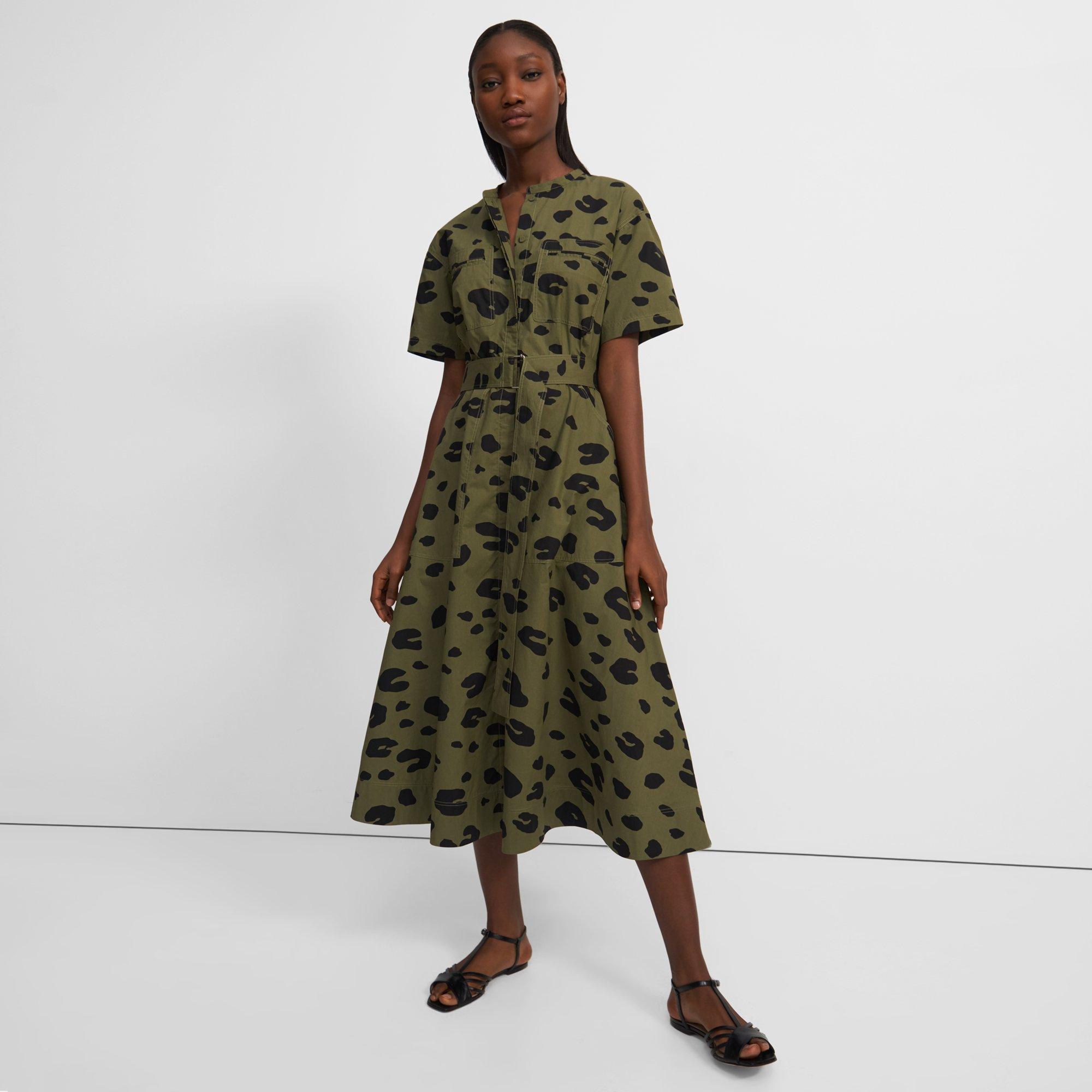 Short-Sleeve Utility Shirtdress in Leopard Poplin