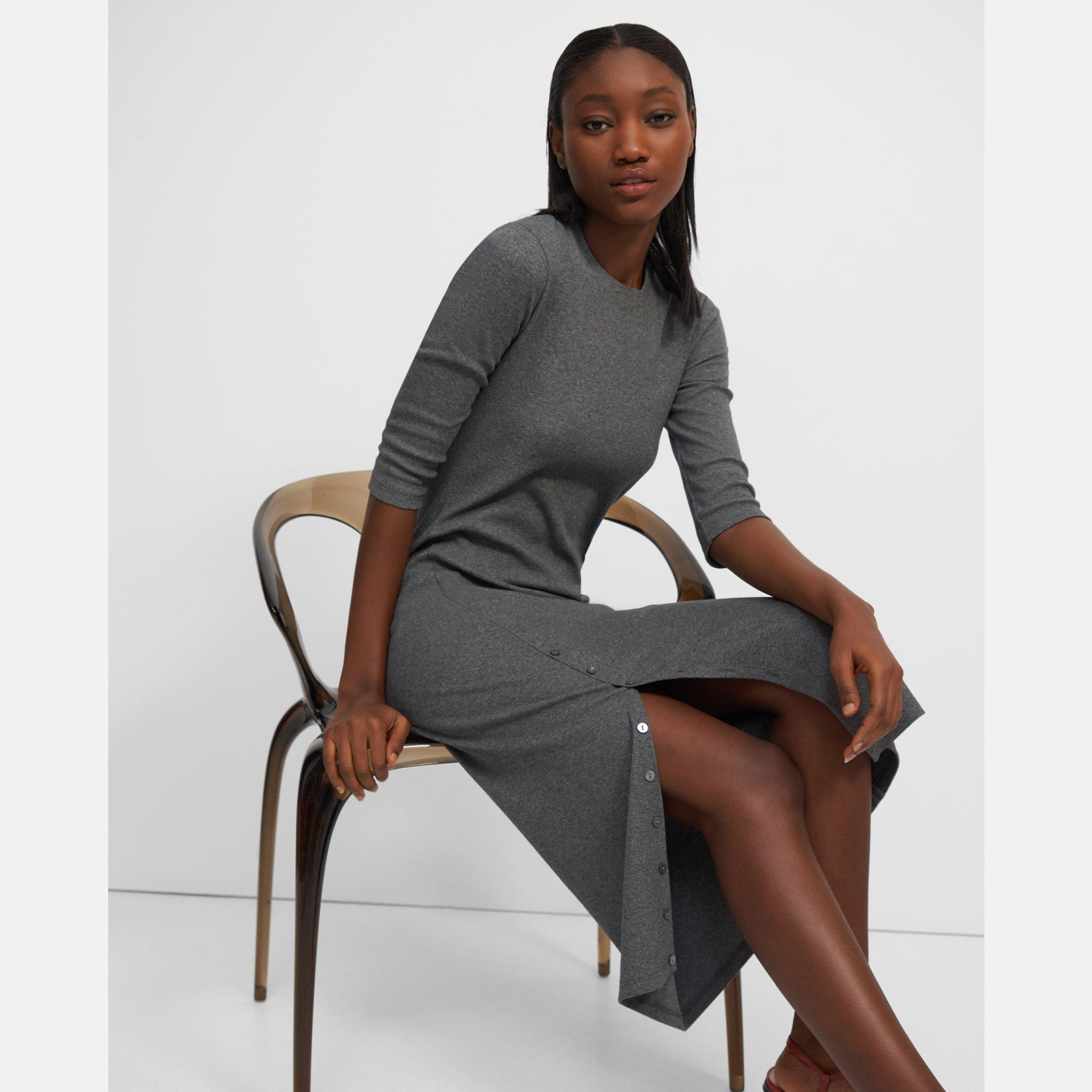 Button-Hem Dress in Compact Stretch Knit