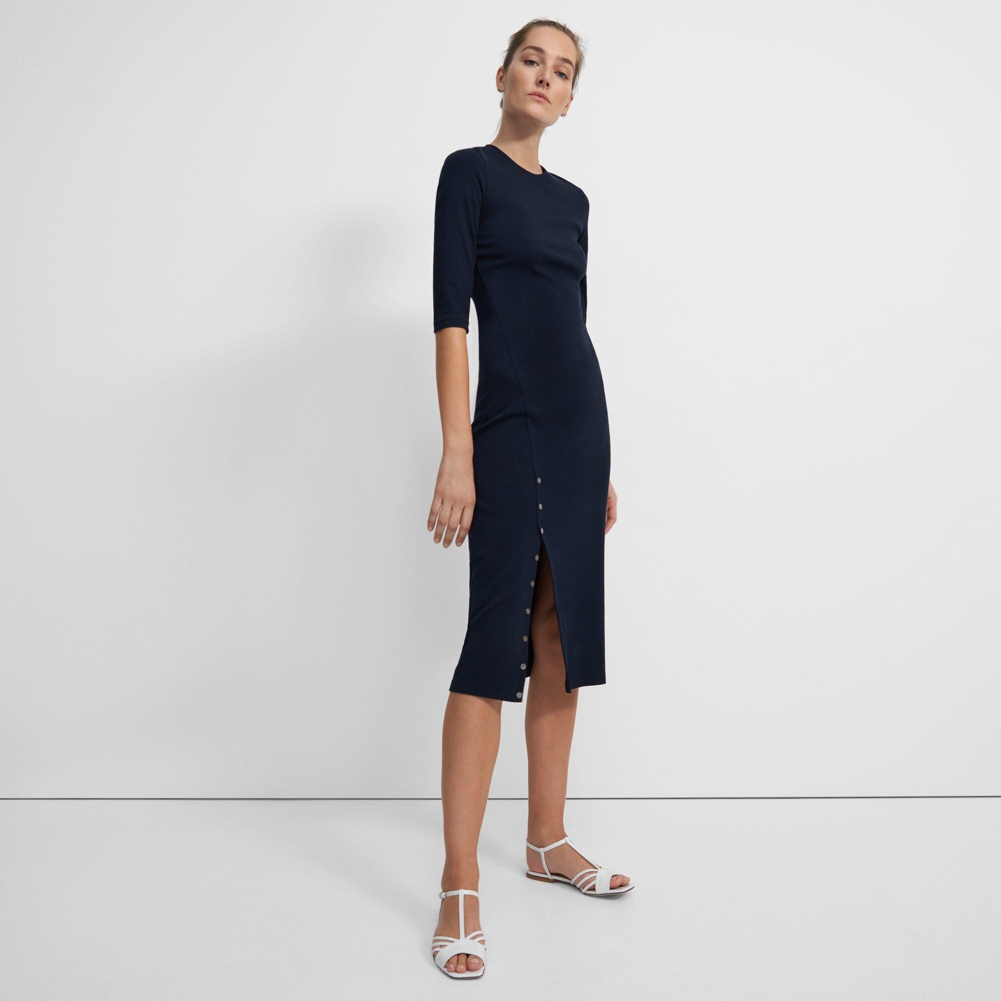 Button-Hem Dress in Compact Stretch Knit