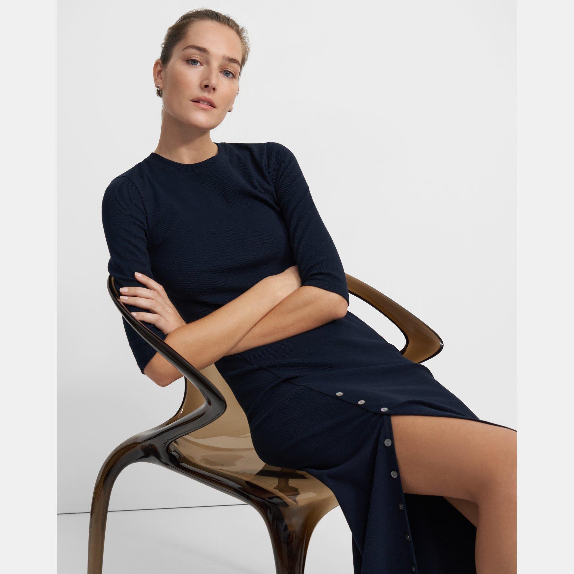 Button-Hem Dress in Compact Stretch Knit