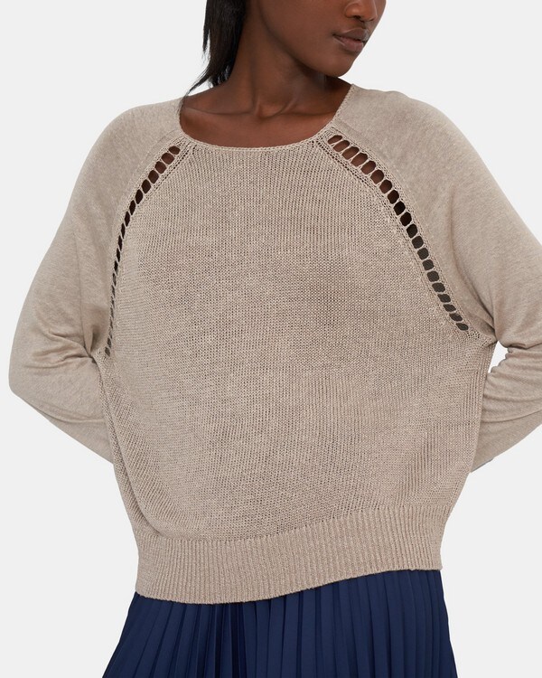 띠어리 Theory Pointelle-Sleeve Sweater in Linen Blend,DARK OATMEAL