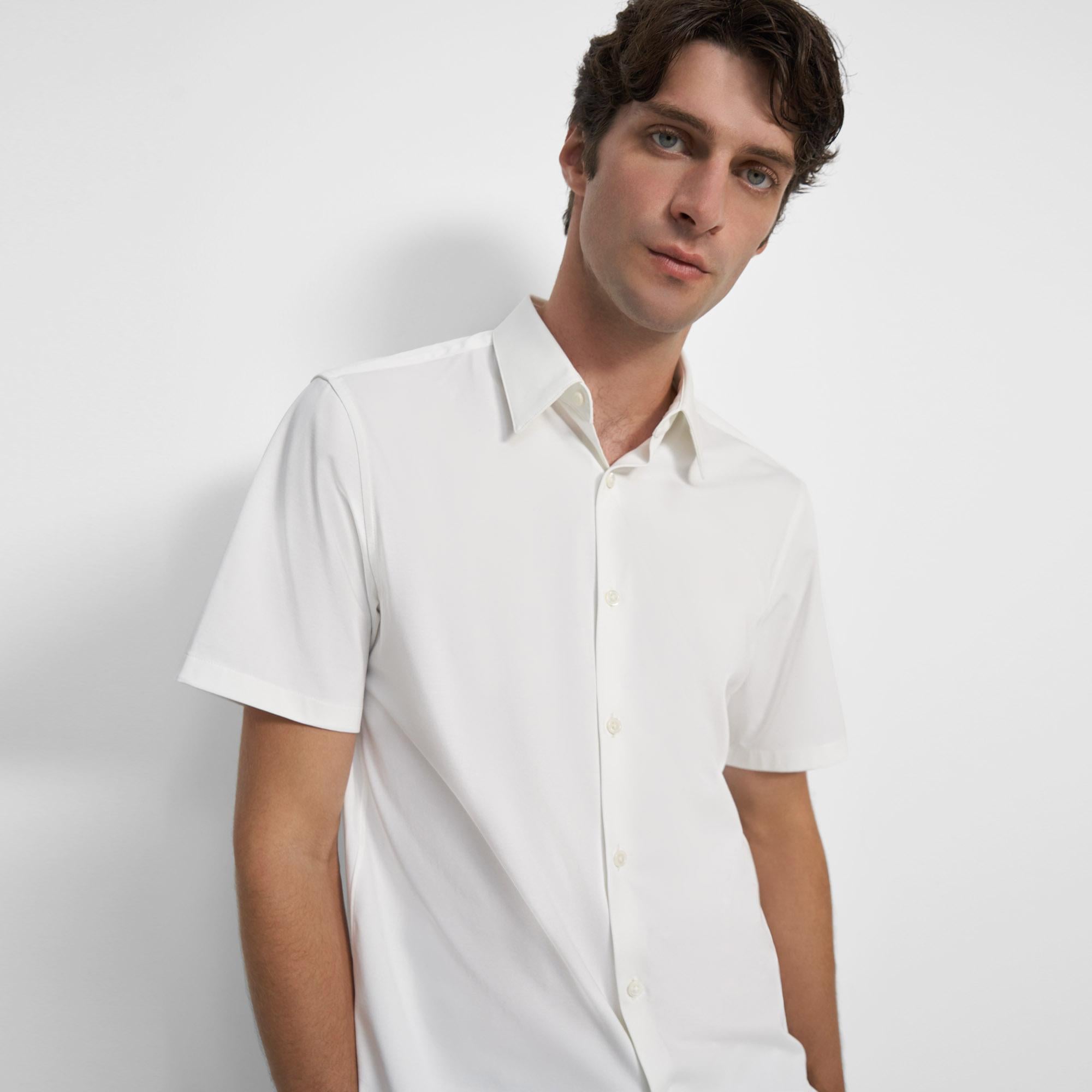 띠어리 셔츠 Theory Irving Short-Sleeve Shirt in Structured Knit,WHITE