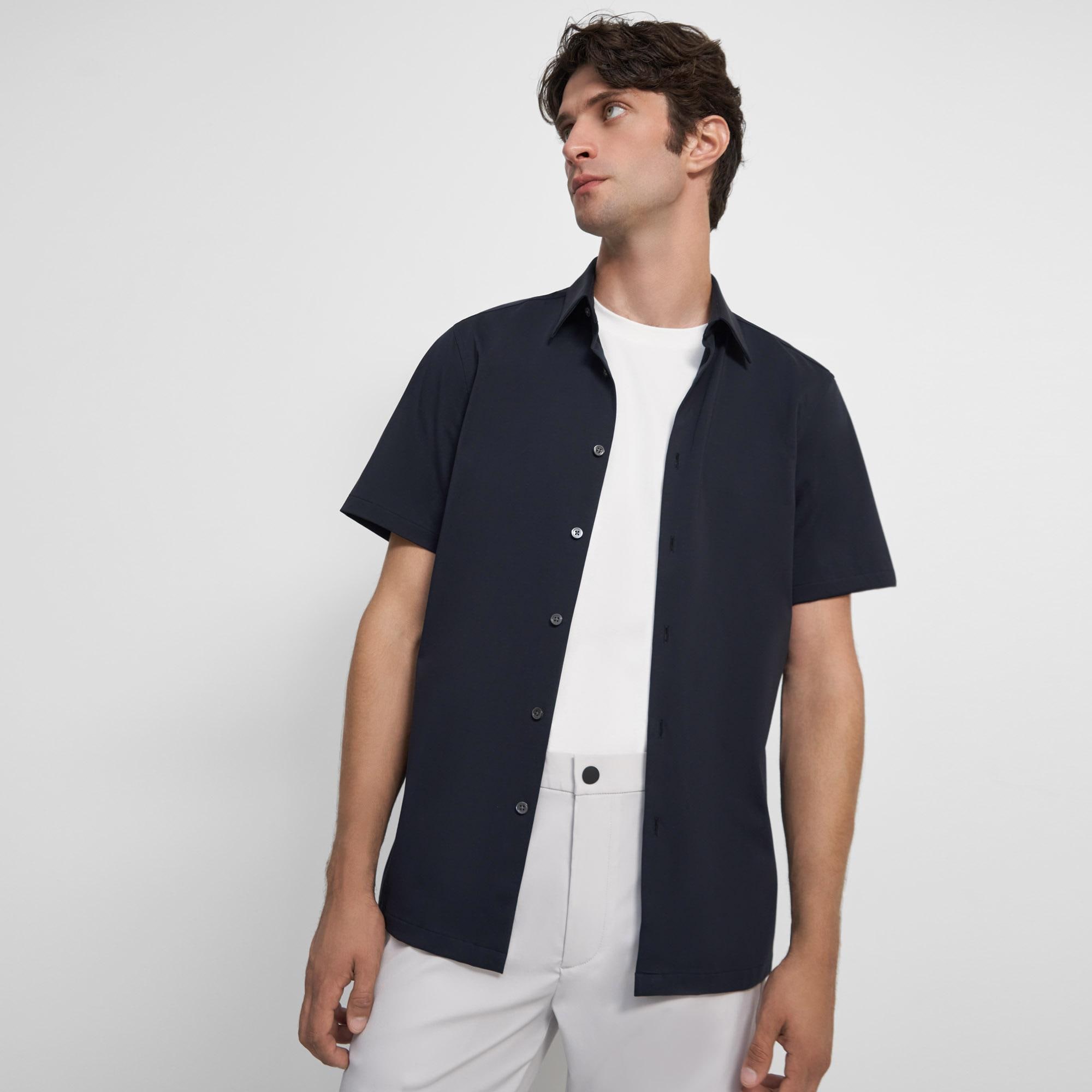 띠어리 셔츠 Theory Irving Short-Sleeve Shirt in Structured Knit,ECLIPSE