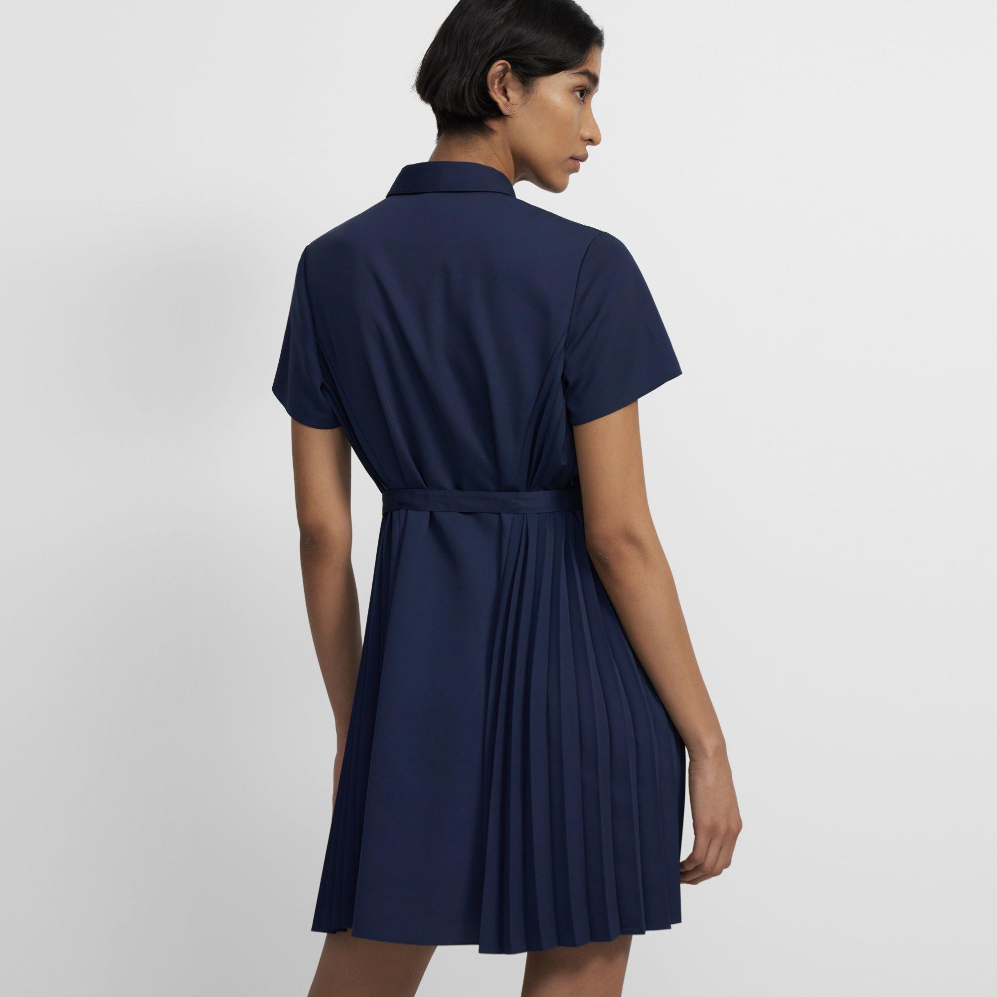 Blue Satin Crepe Pleated Short-Sleeve Shirtdress | Theory