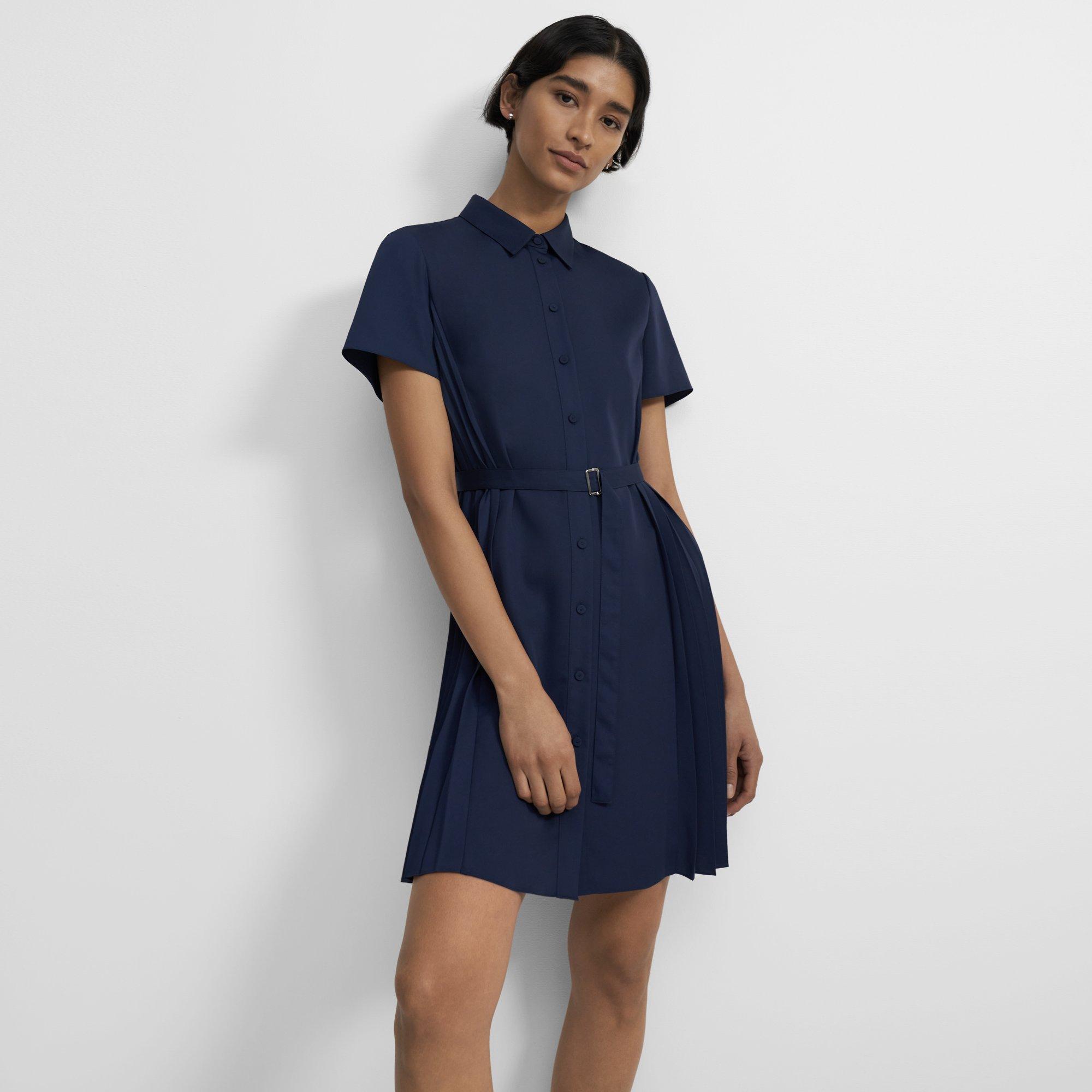 Satin Crepe Pleated Short-Sleeve Shirtdress | Theory