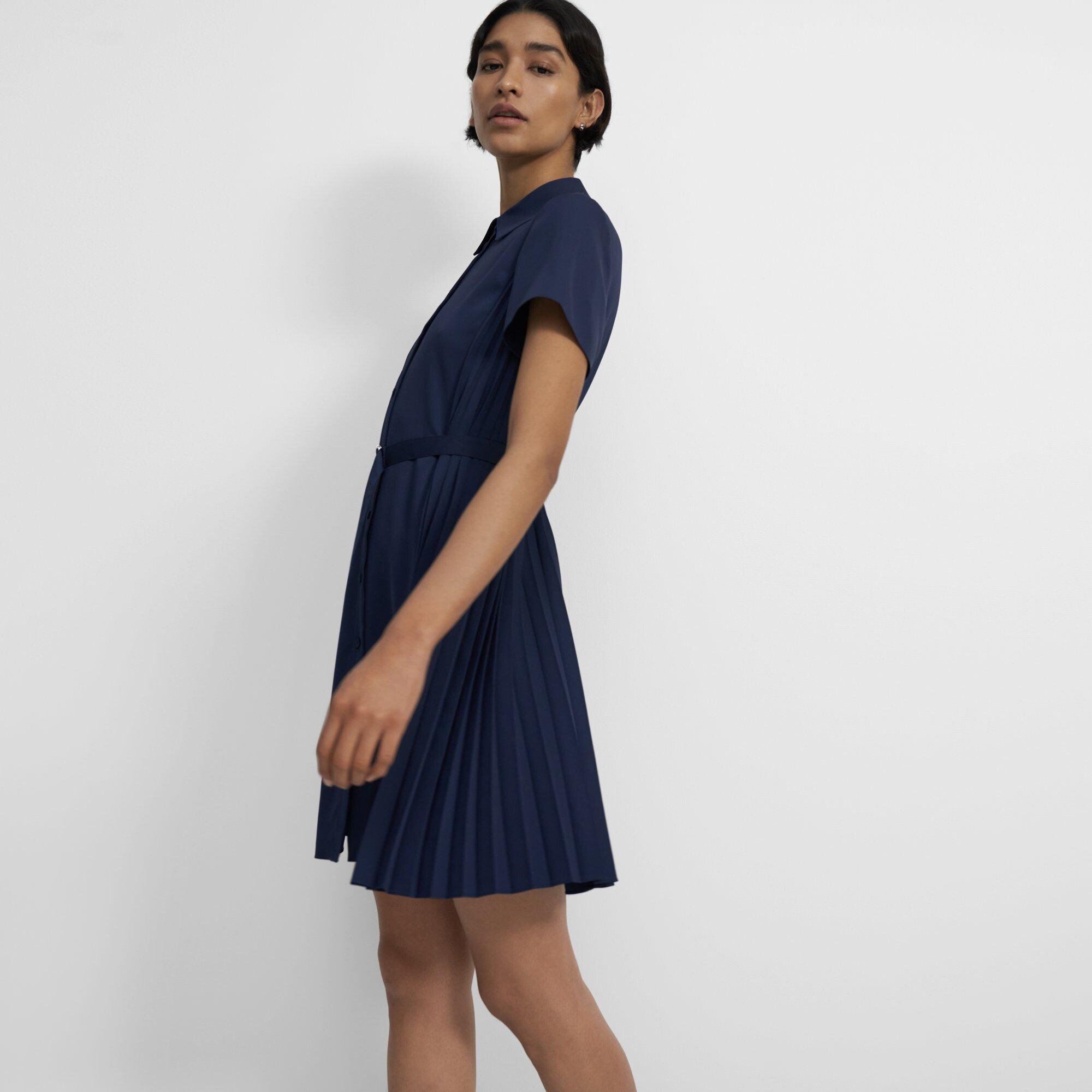 Blue Satin Crepe Pleated Short-Sleeve Shirtdress | Theory