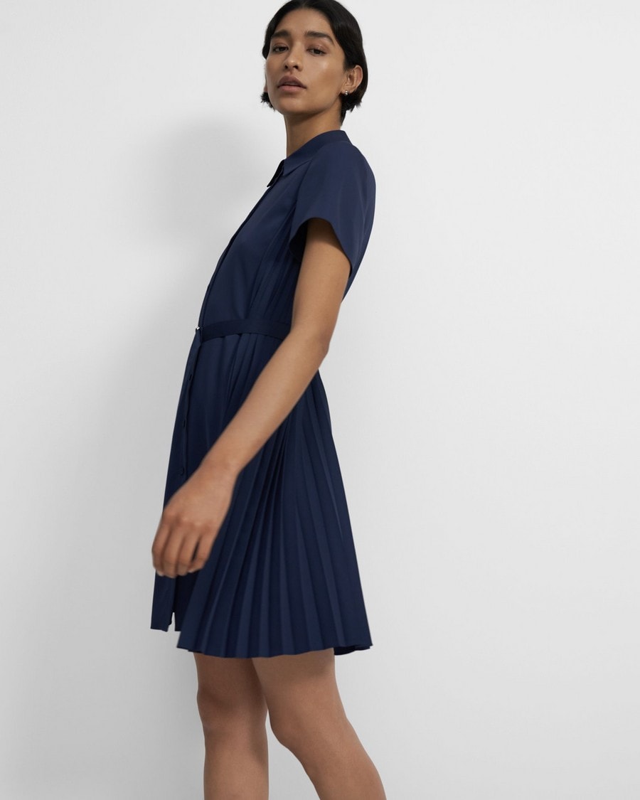Pleated Short-Sleeve Shirtdress in Satin Crepe