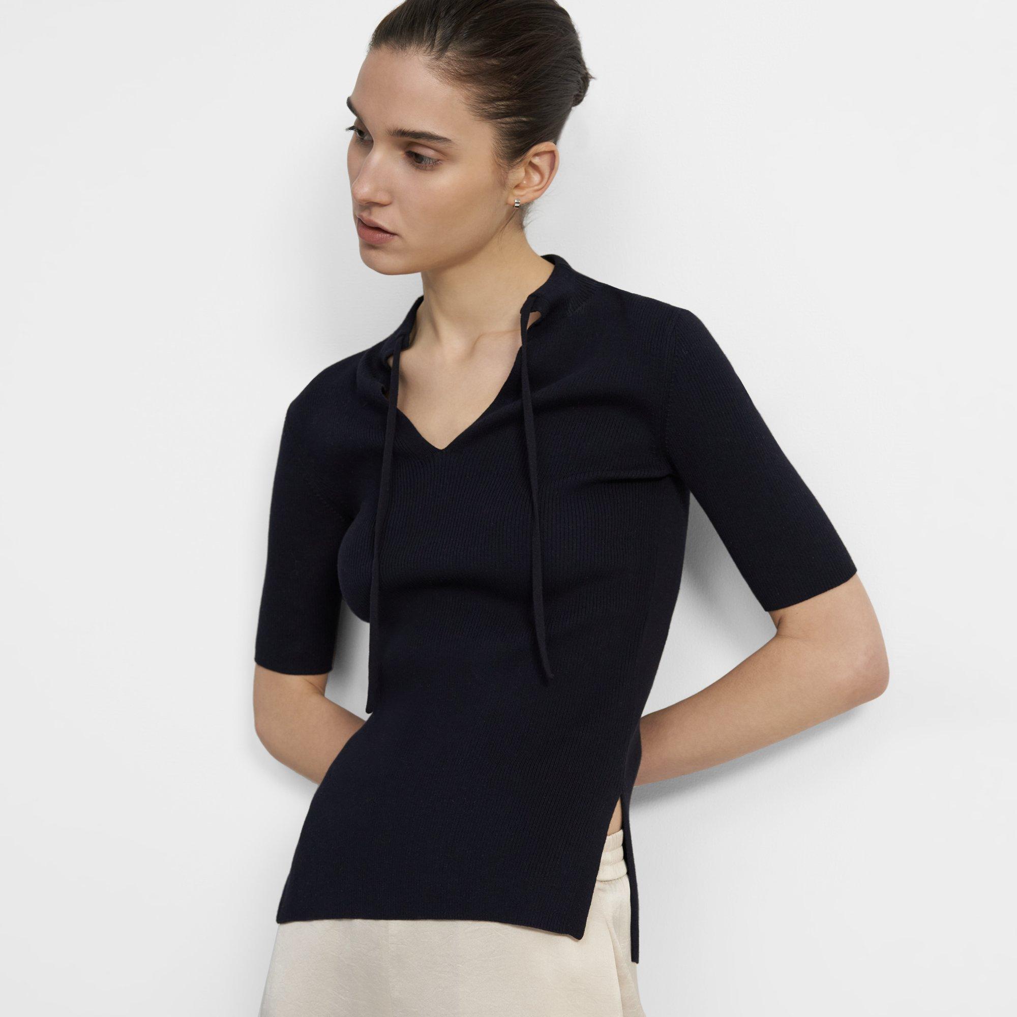Drawstring Short-Sleeve Sweater in Cotton