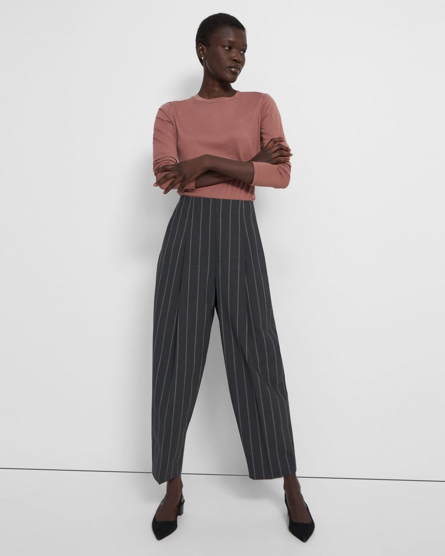 Pleated Carrot Pant in Striped Good Wool
