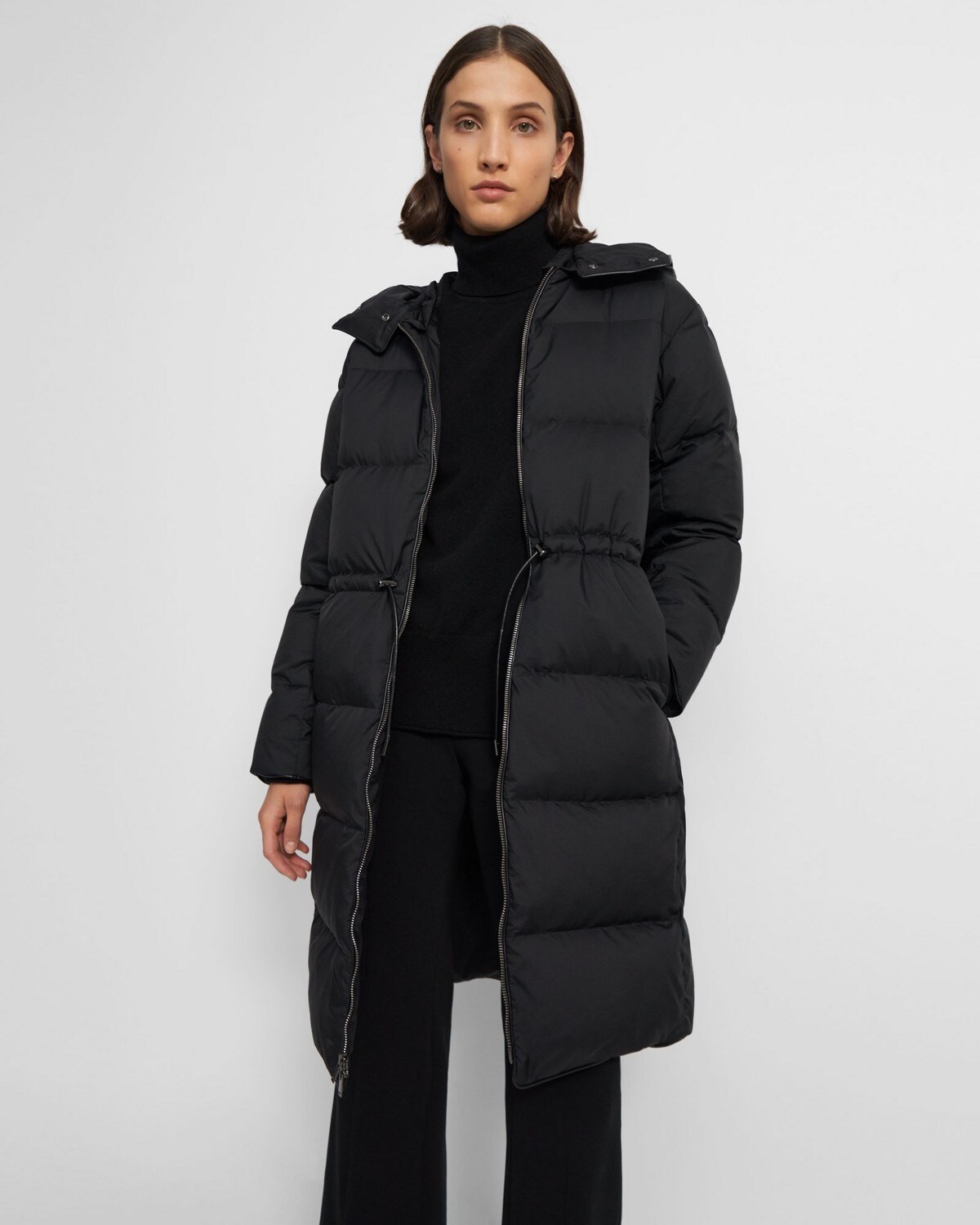 Piped Puffer Coat in Water-Resistant Nylon