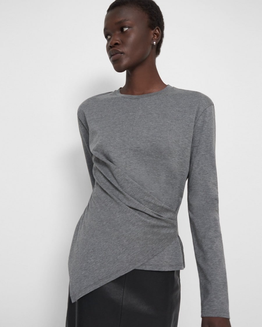 Long-Sleeve Draped Tee in Cotton