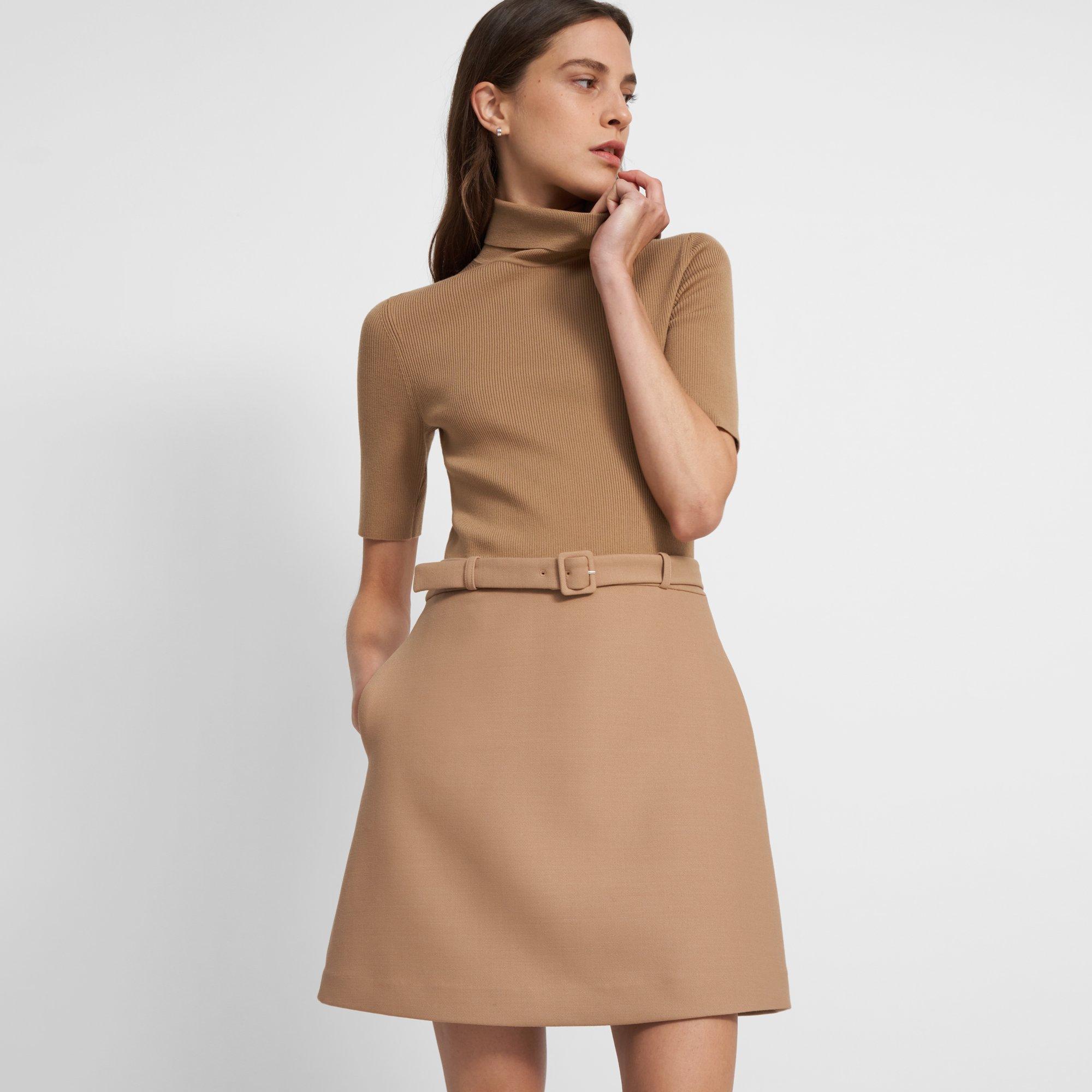Camel wool A-line skirt with silk turtleneck blouse