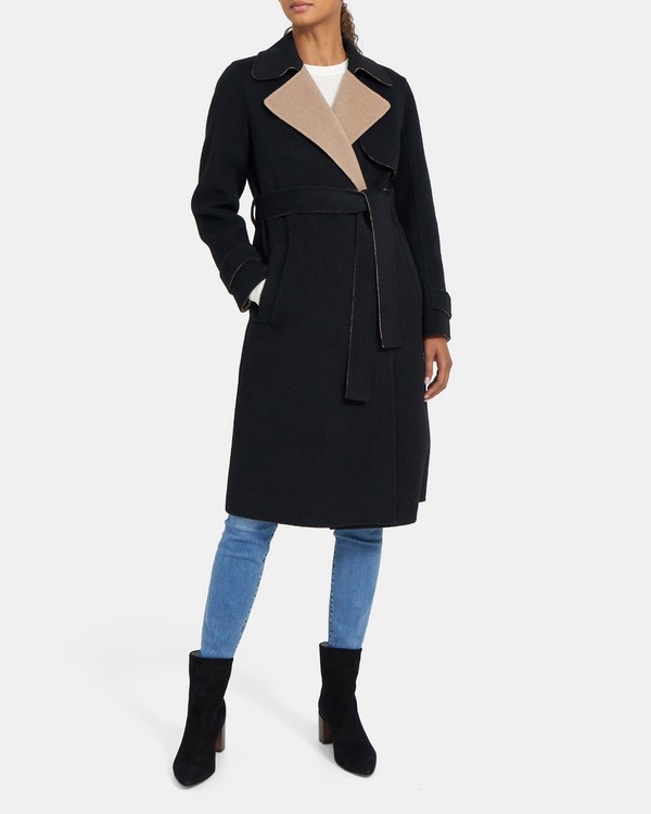 띠어리 우먼 릴렉스드 트렌치 코트 Theory Relaxed Trench Coat in Double-Face Wool-Cashmere,BLACK/CAMEL