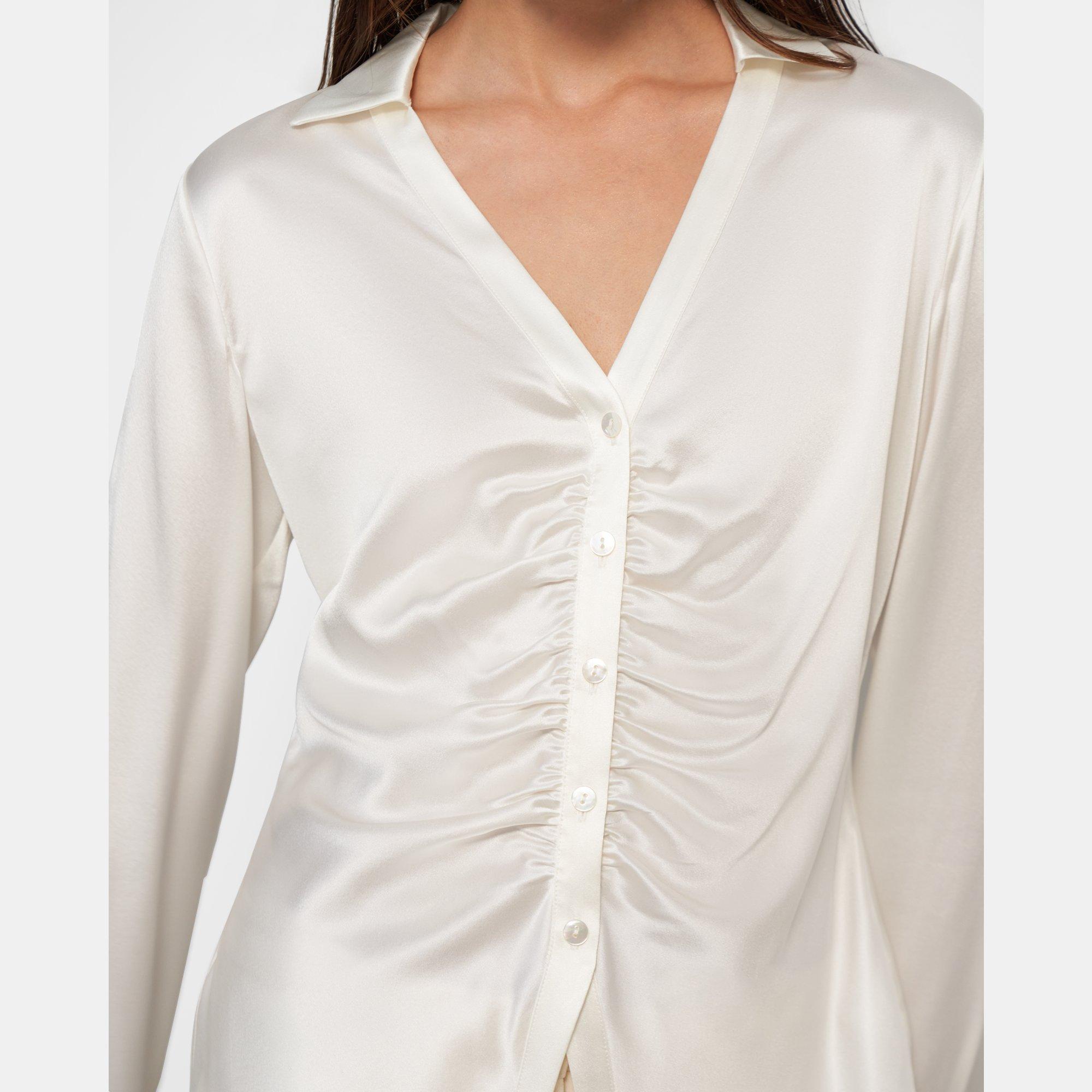 Ruched Button Up Shirt in Stretch Silk