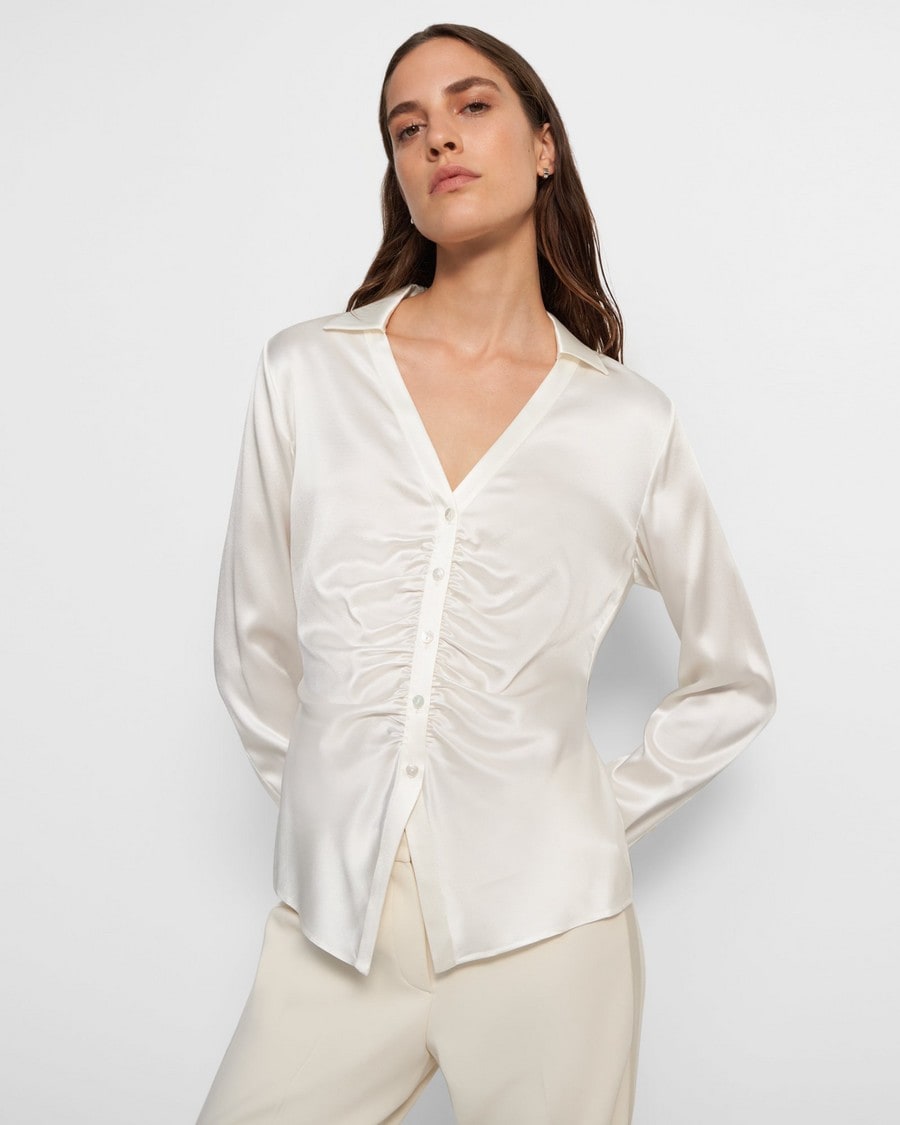 Ruched Button Up Shirt in Stretch Silk